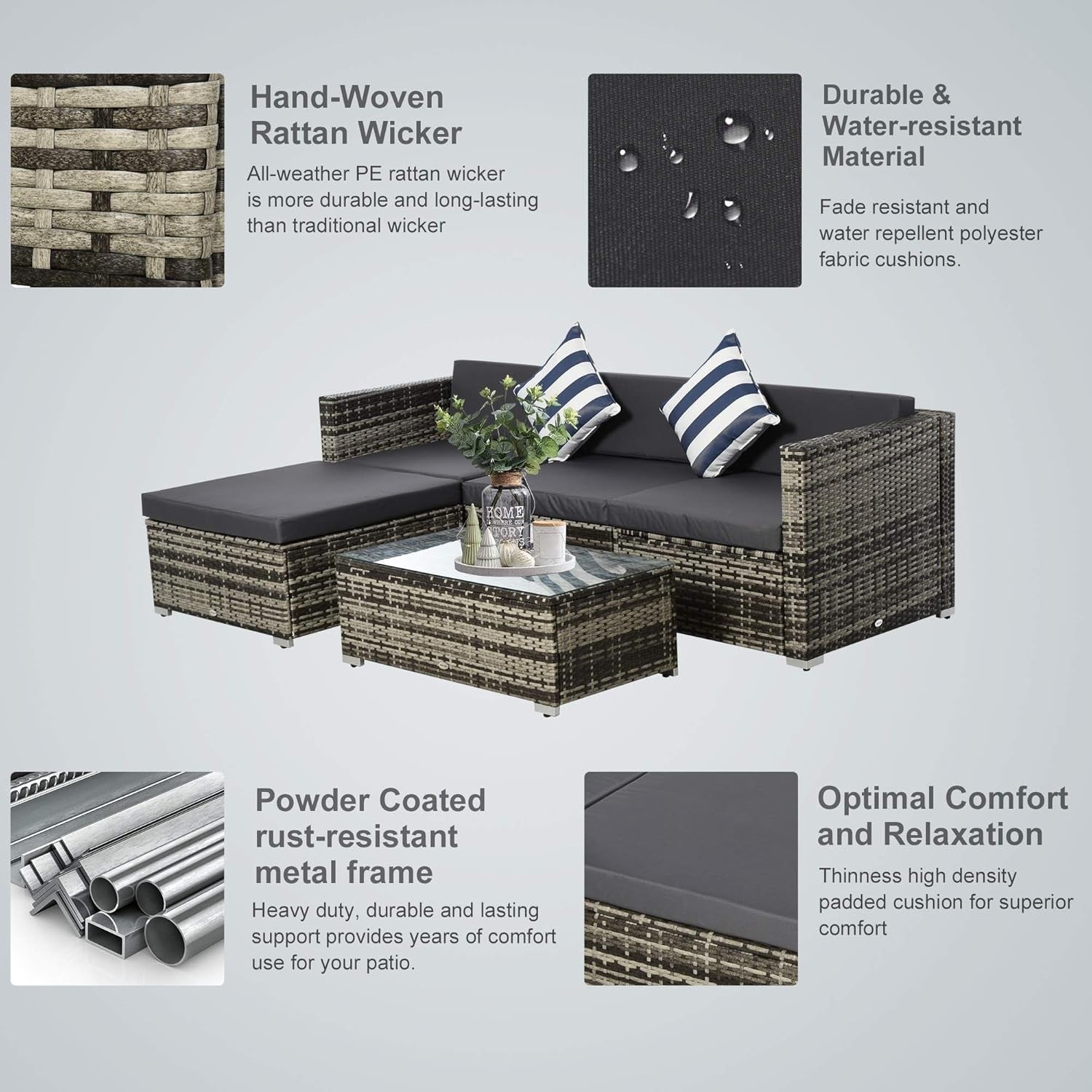 5PC Grey Rattan Outdoor Patio Sofa Set Modular Cushions Glass Table
