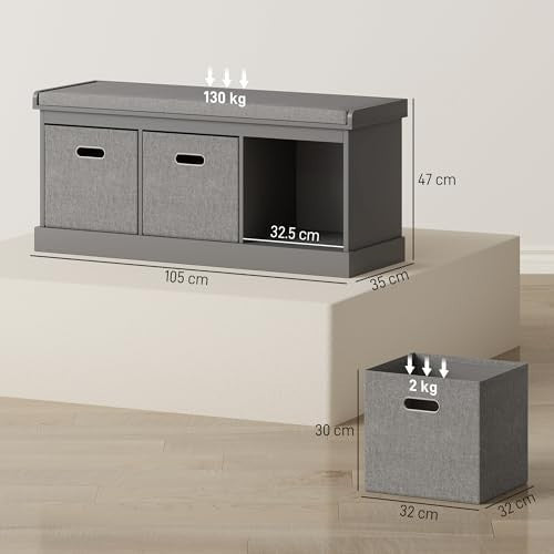 Grey 3-Drawer Shoe Storage Bench with Cushion Seat – Modern 105cm Hallway