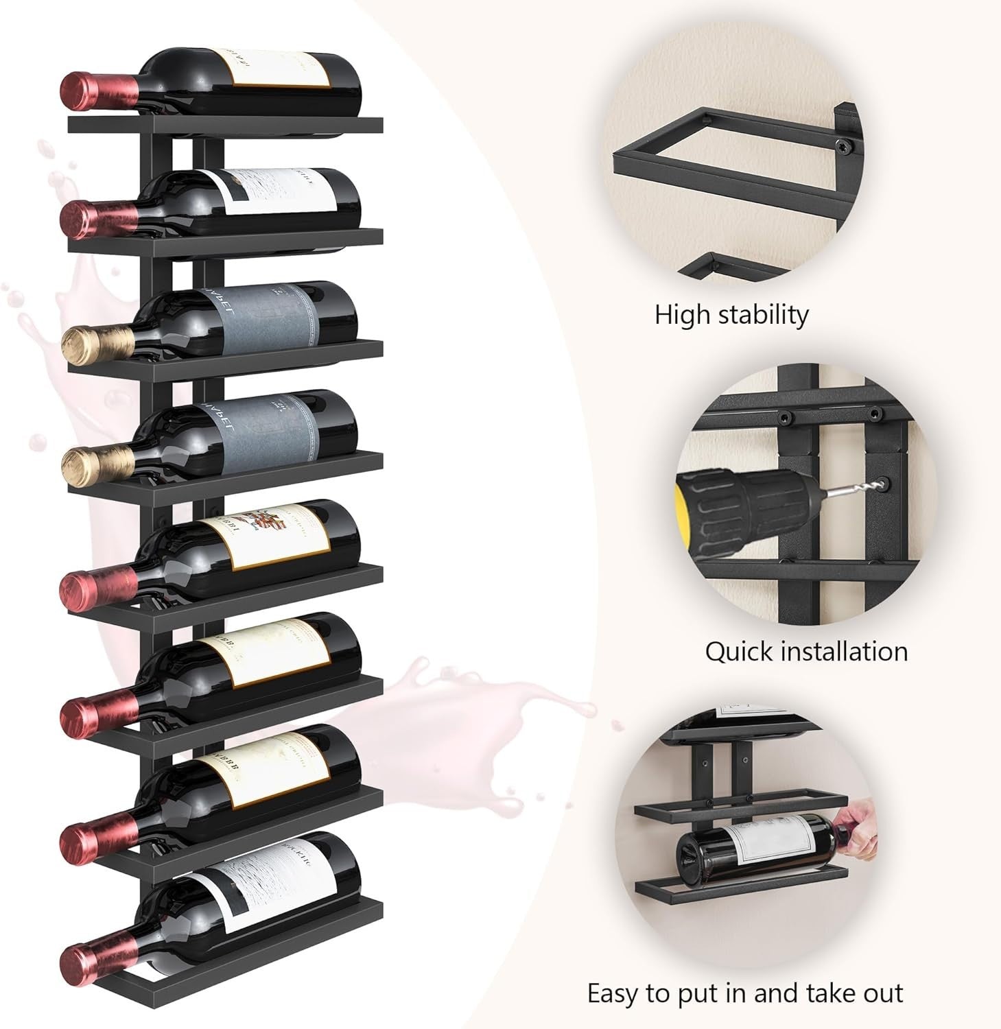 Wall Mounted Wine Rack 8 Tier Metal Bottle Display Holder Modern Home Bar Shelf