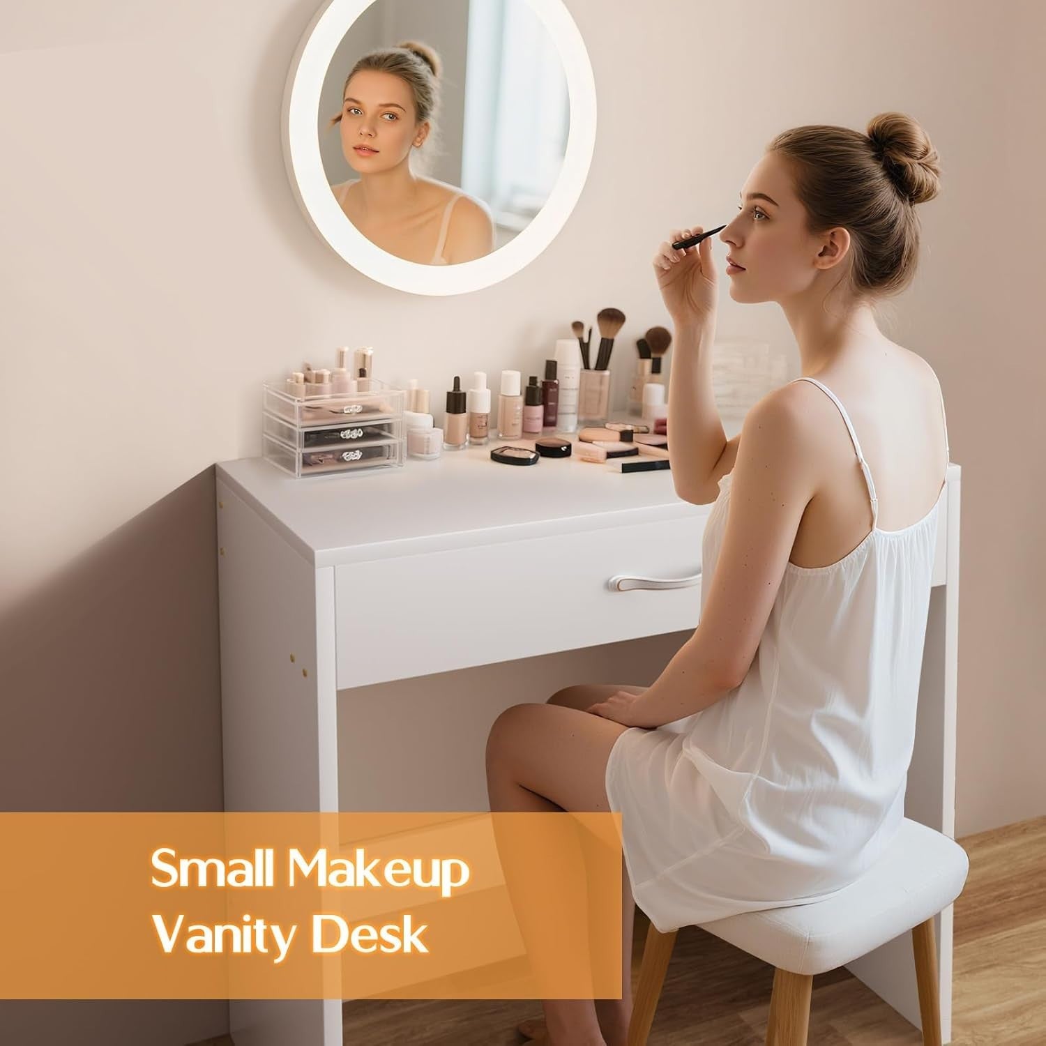 White Modern Compact Dressing Table Vanity Desk 1 Drawer Small Bedroom Wood