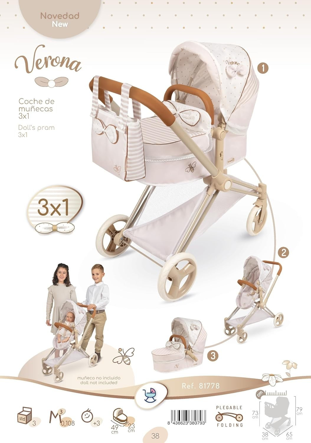 3in1 Dolls Pram Convertible Pushchair Carrycot Foldable Toy