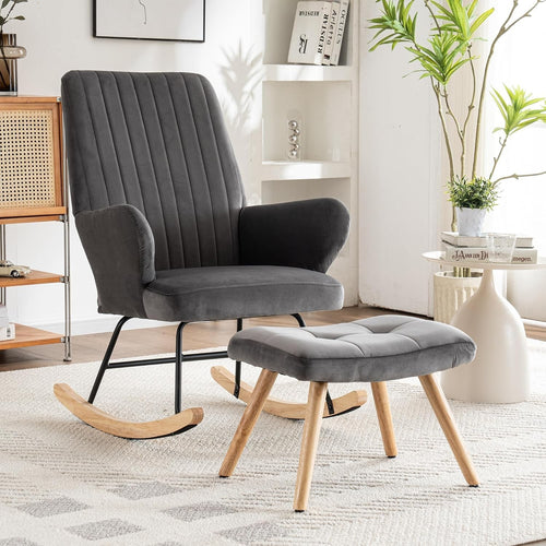 High Back Rocking Chair with Footstool, Armchair for Lounge Bedroom