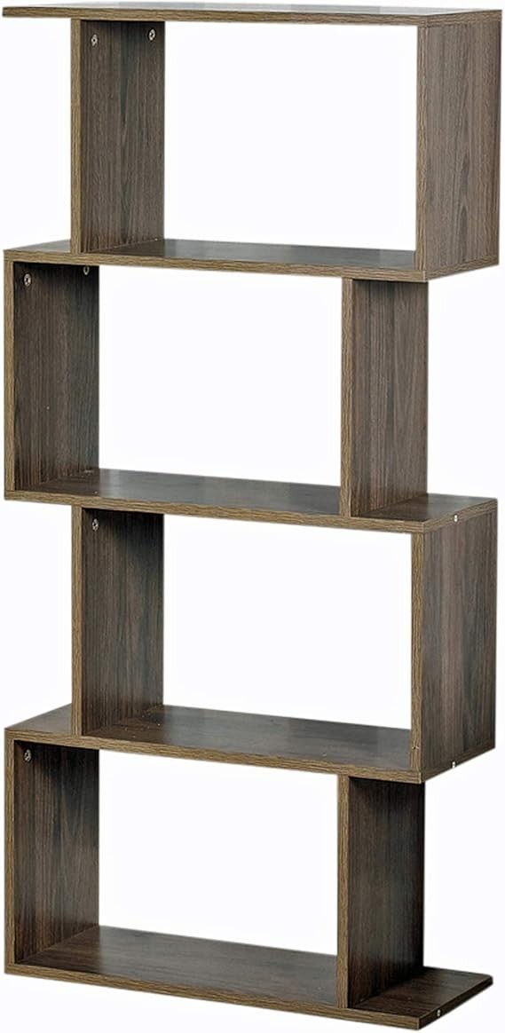 S-Shaped 4 Tier Grey Oak Bookcase Display Shelf Modern Storage Divider Unit