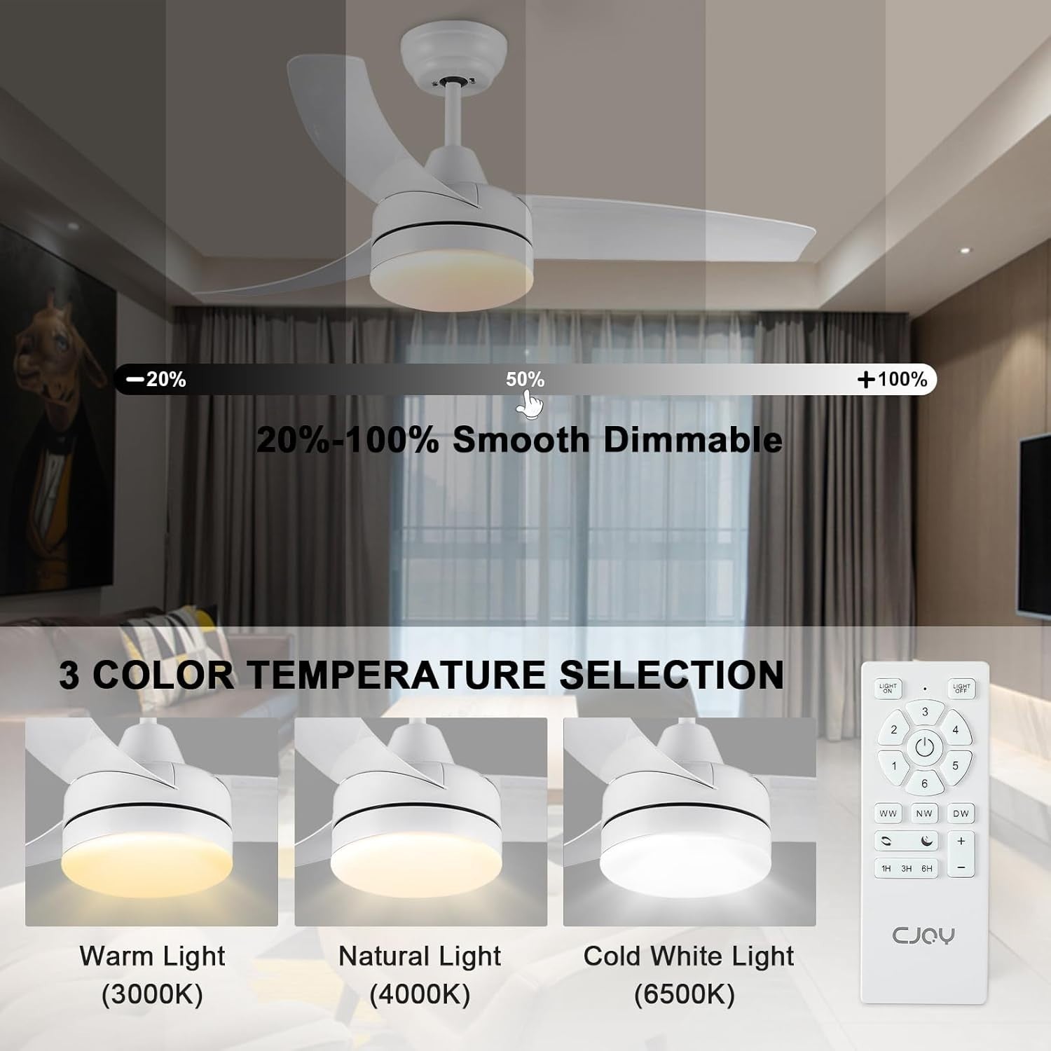CJOY 42" Ceiling Fan with Light, 6 Speeds, Dimmable LED, Remote Control