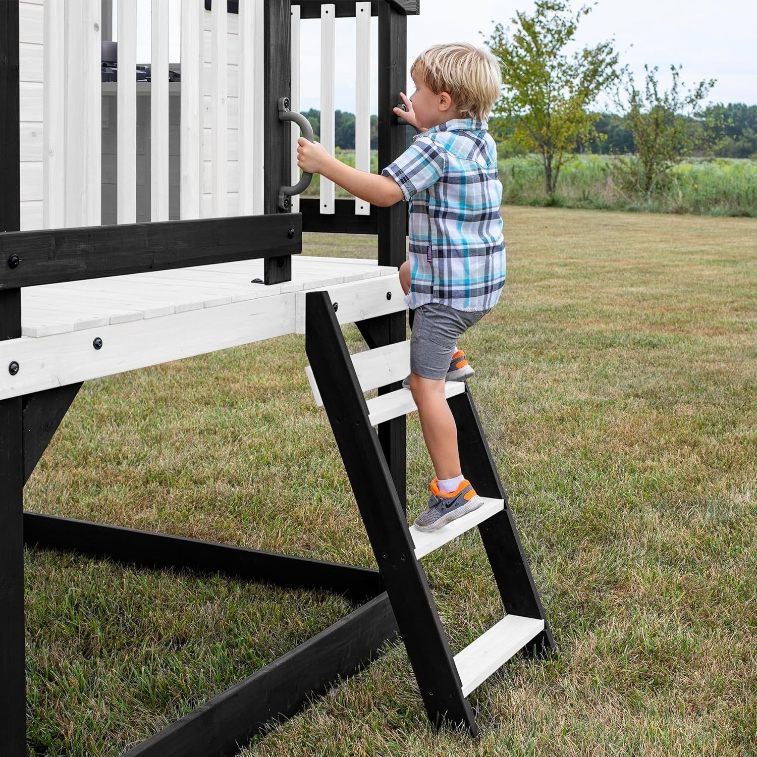 Elevated Cedar Kids Playhouse with Slide Outdoor Garden Toy Kitchen