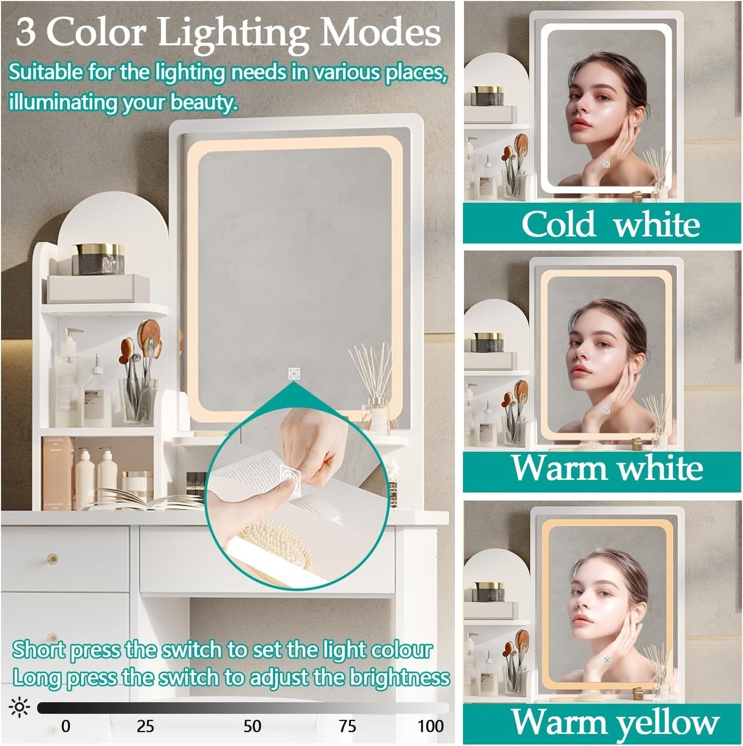 White Dressing Table Vanity Set with 3-Color LED Lights Mirror 5 Drawers & Stool