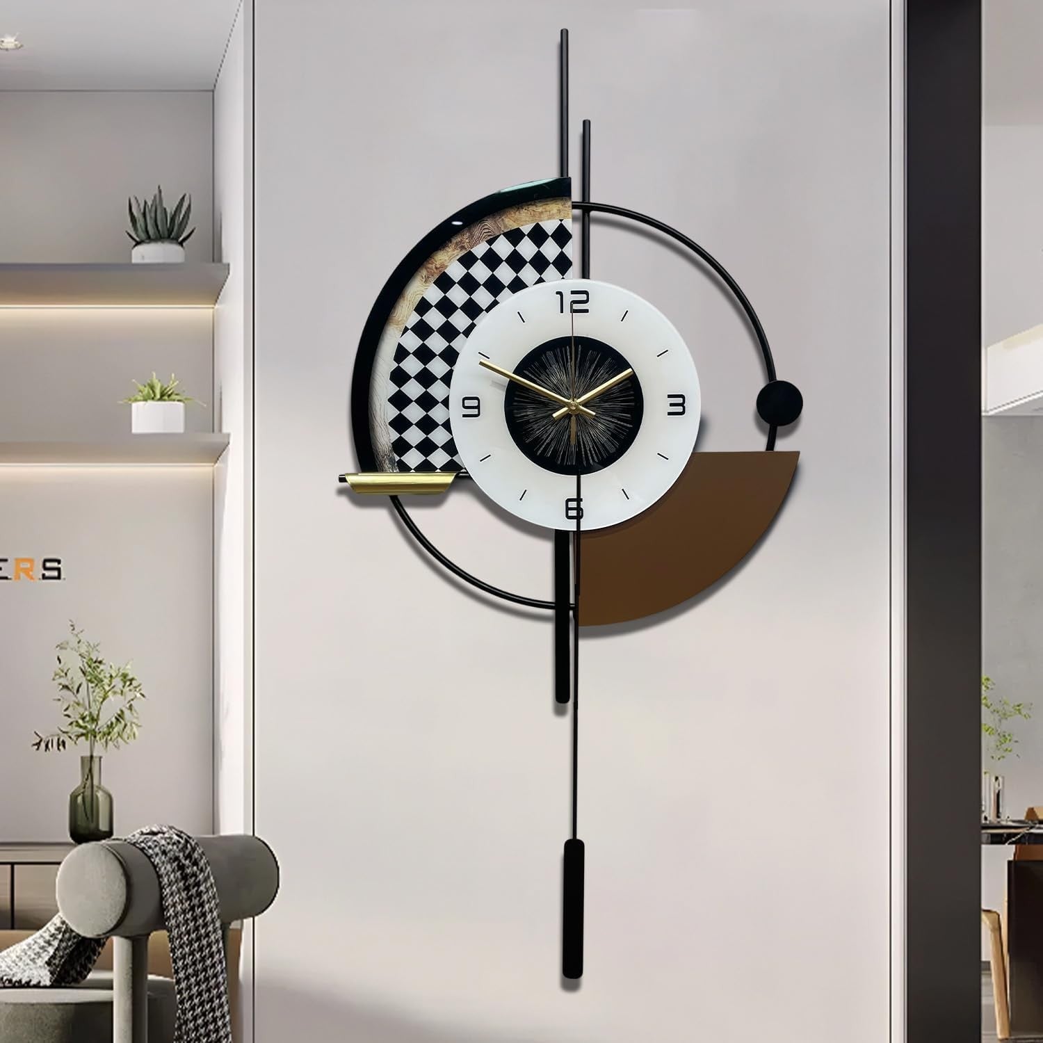 Modern Geometric Wall Clock 31" Silent Quartz Pendulum Design Large Home Decor