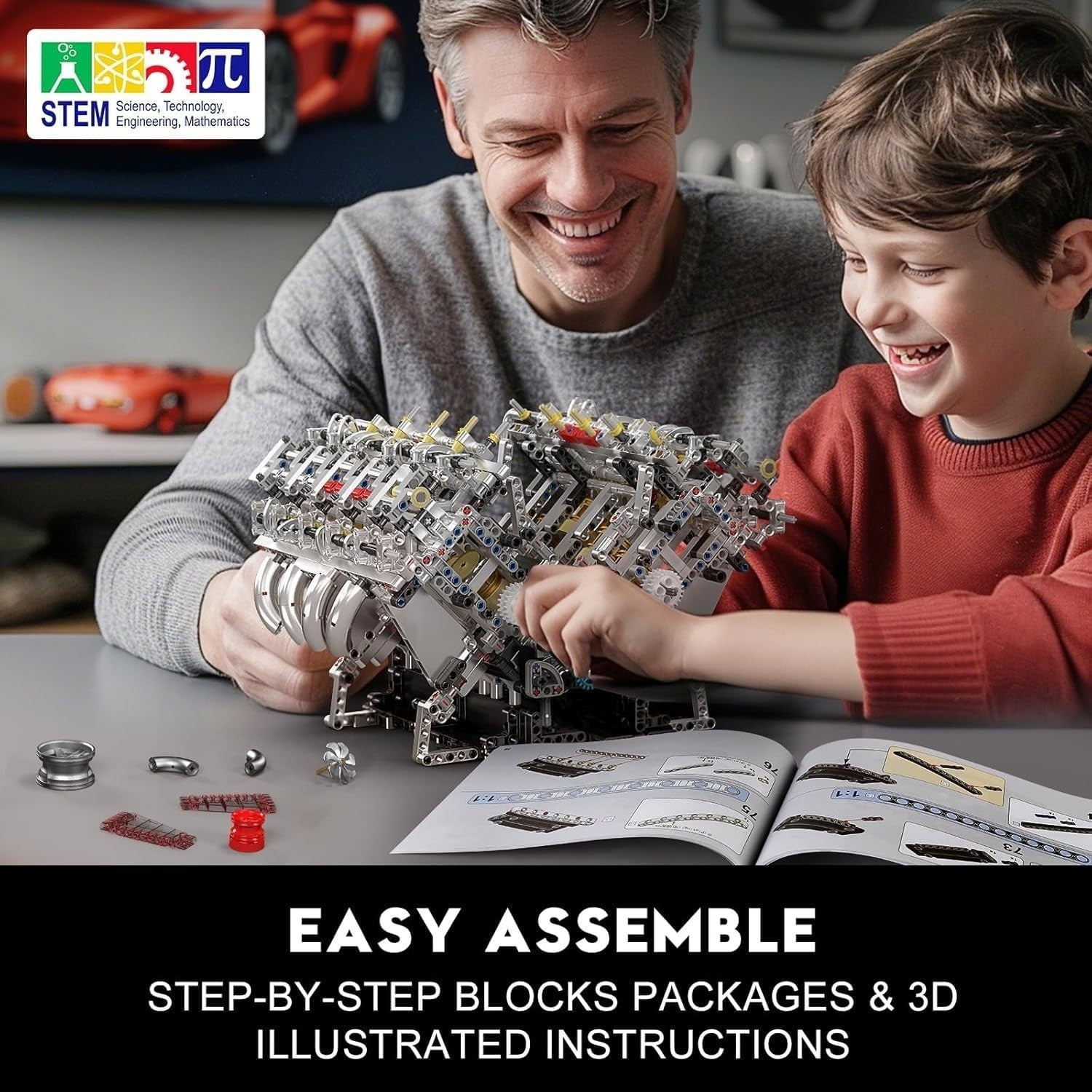 V8 Engine Model Kit DIY Supercar Engine Build STEM Toy for Adults Kids