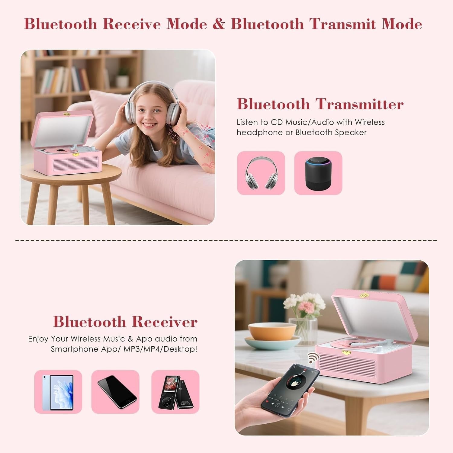 Retro Bluetooth CD Player FM Radio USB AUX HiFi Speakers Pink PU