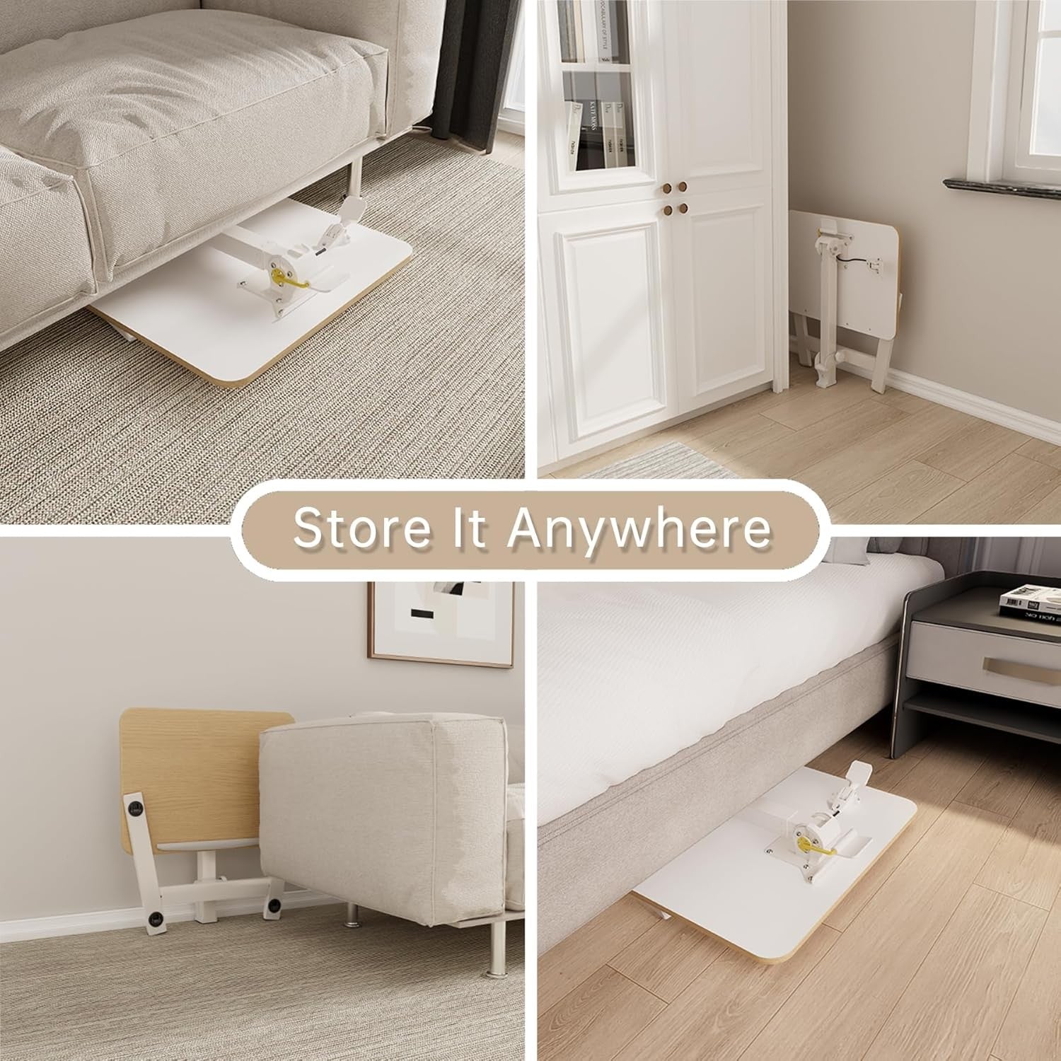 Beige Mobile Folding Desk with Wheels Height Adjustable Sit Stand Table