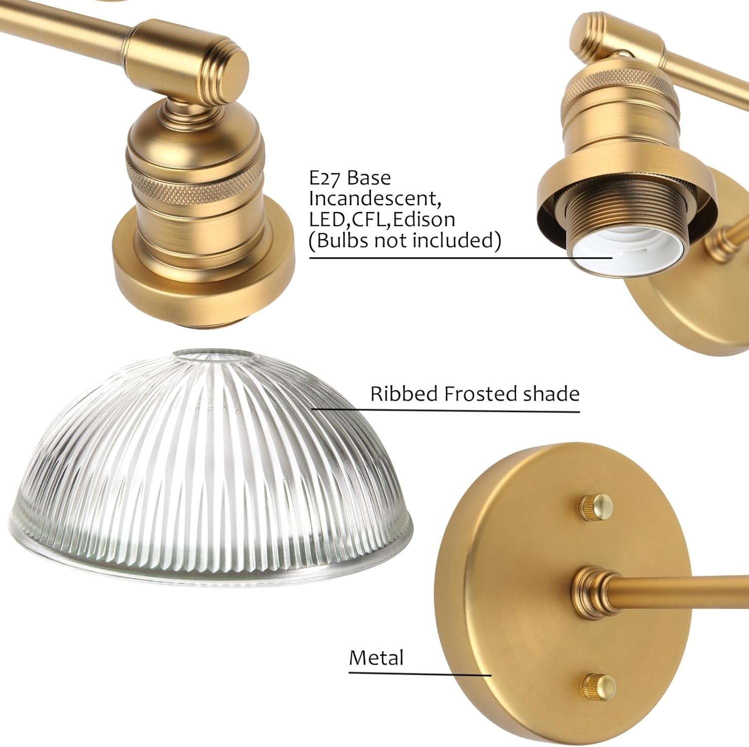 Industrial 2-Light Wall Sconce with Dome Ribbed Glass Shade, Dimmable