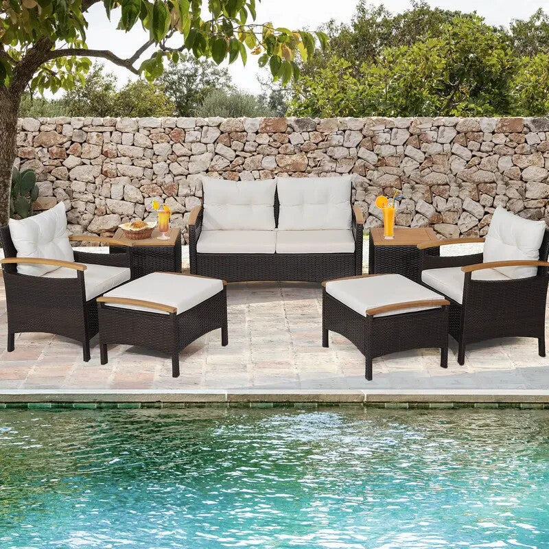 7PC Rattan Garden Patio Sofa Set – Outdoor Chairs Ottomans Table Cushions