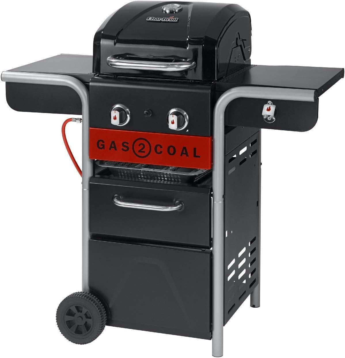 Hybrid Gas & Charcoal BBQ Grill 2 Burner Outdoor Barbecue with Side Shelves