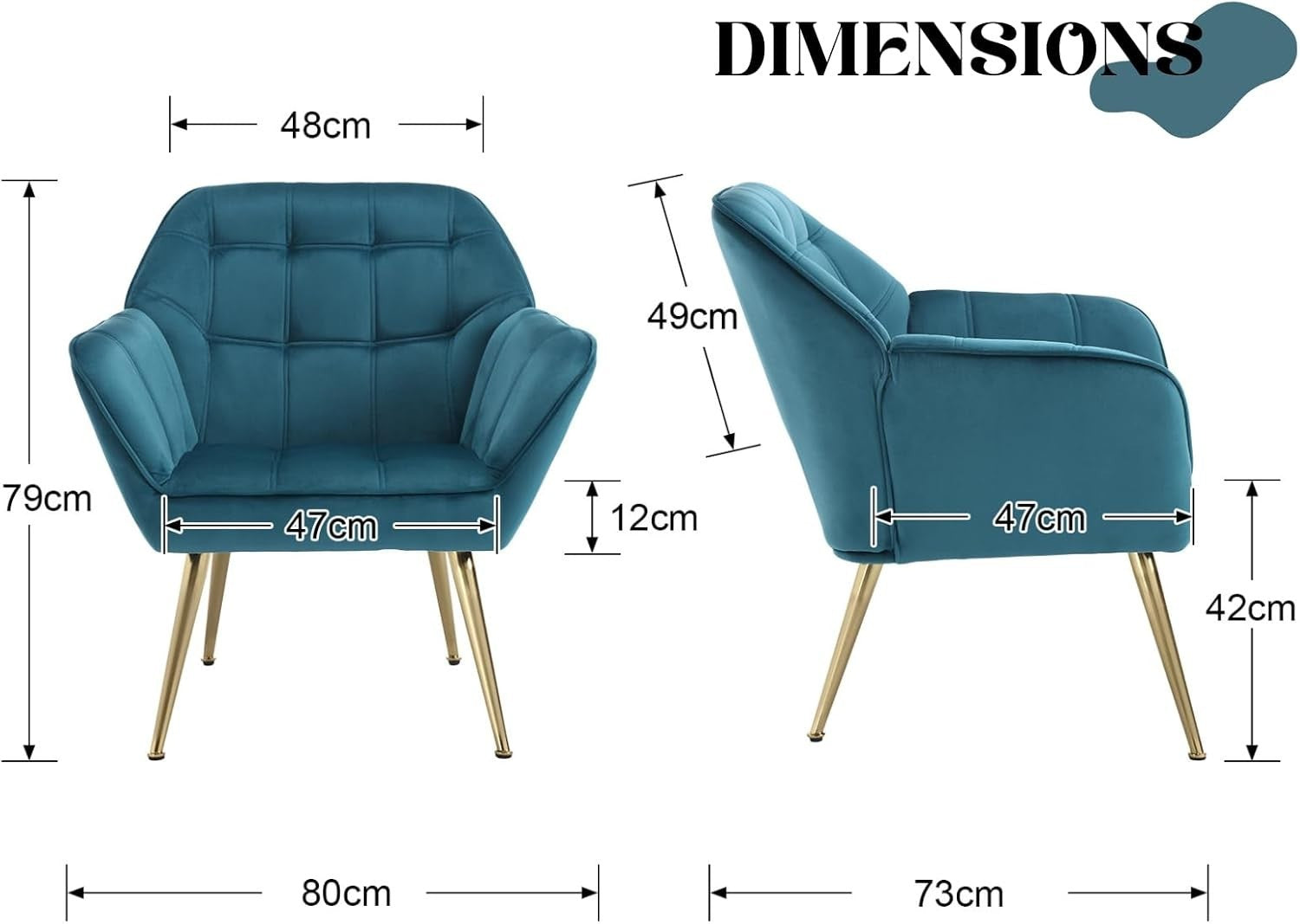 Velvet Accent Armchair Modern Tub Chair Blue Seat with Gold Metal Legs