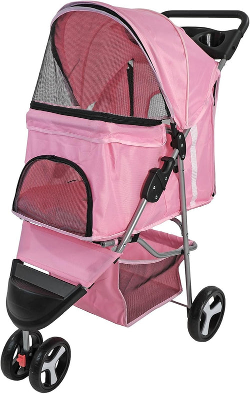Pink Foldable Pet Stroller 4 Wheel Puppy Pushchair Weather Canopy 15kg