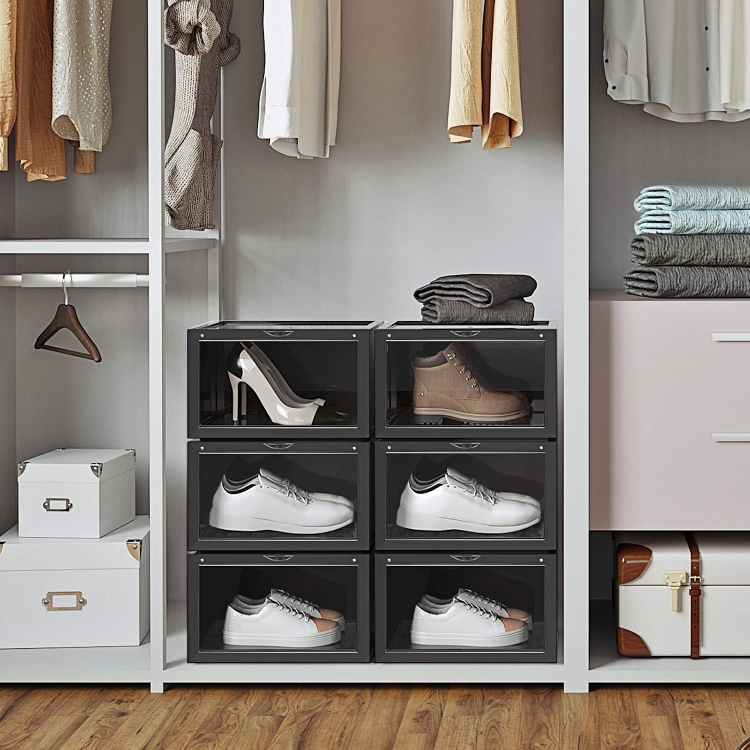 Set of 6 Stackable Shoe Boxes with Doors, Large Clear Plastic Storage.