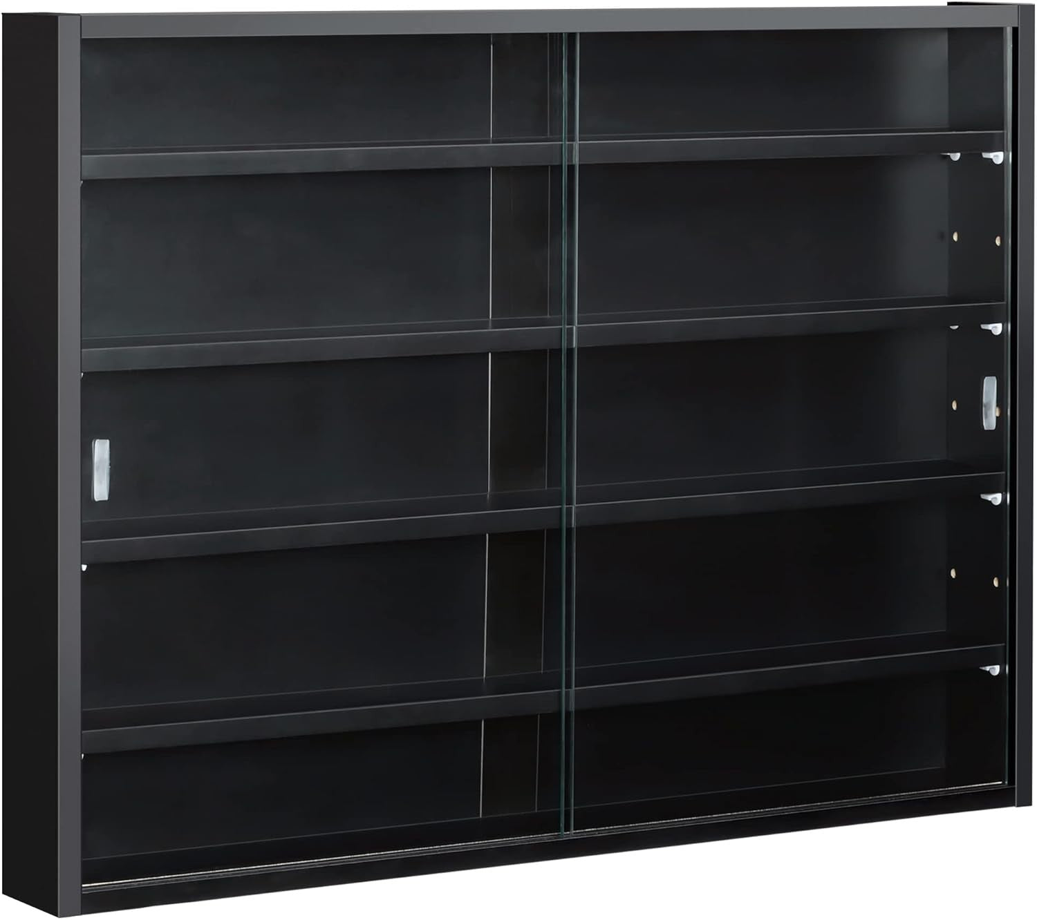 5-Tier Wall Display Cabinet | Black Glass Sliding Door Shelf Unit 60×80cm