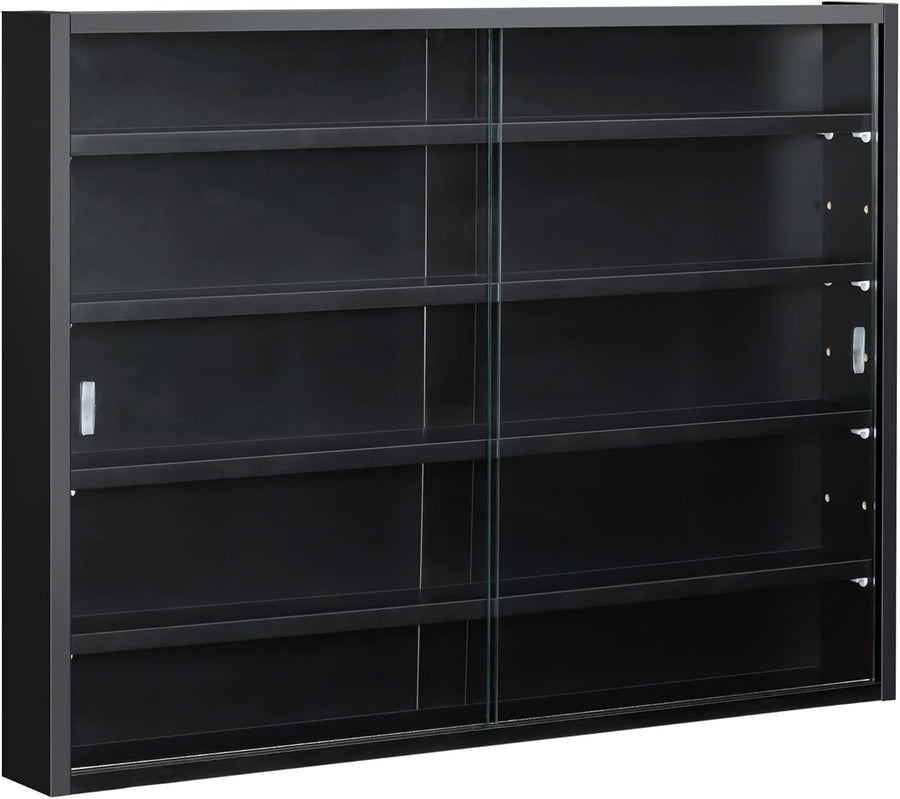 5-Tier Wall Display Cabinet | Black Glass Sliding Door Shelf Unit 60×80cm