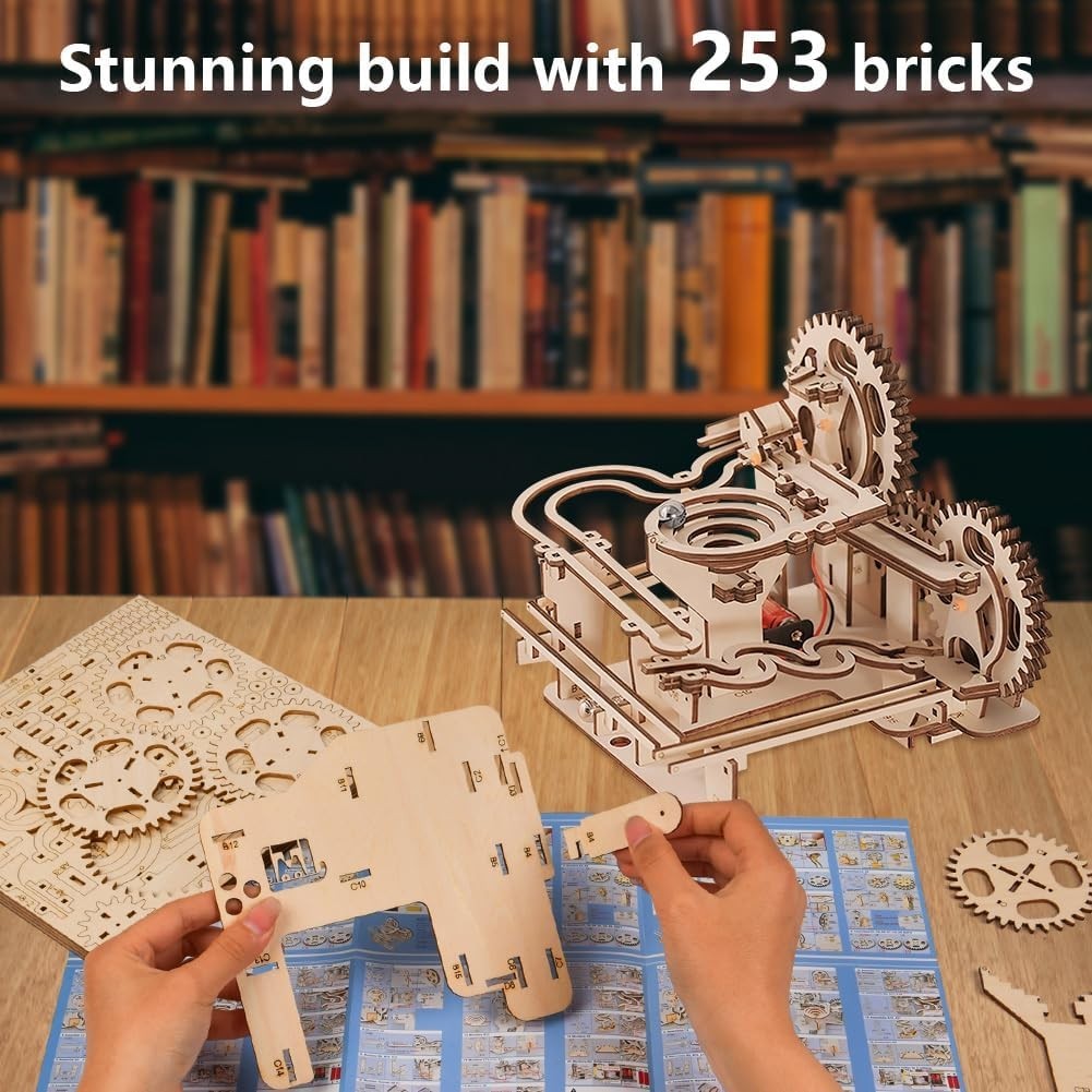 3D Wooden Marble Run Puzzle – 253pcs STEM Kit, Self Assembly, Gear Drive