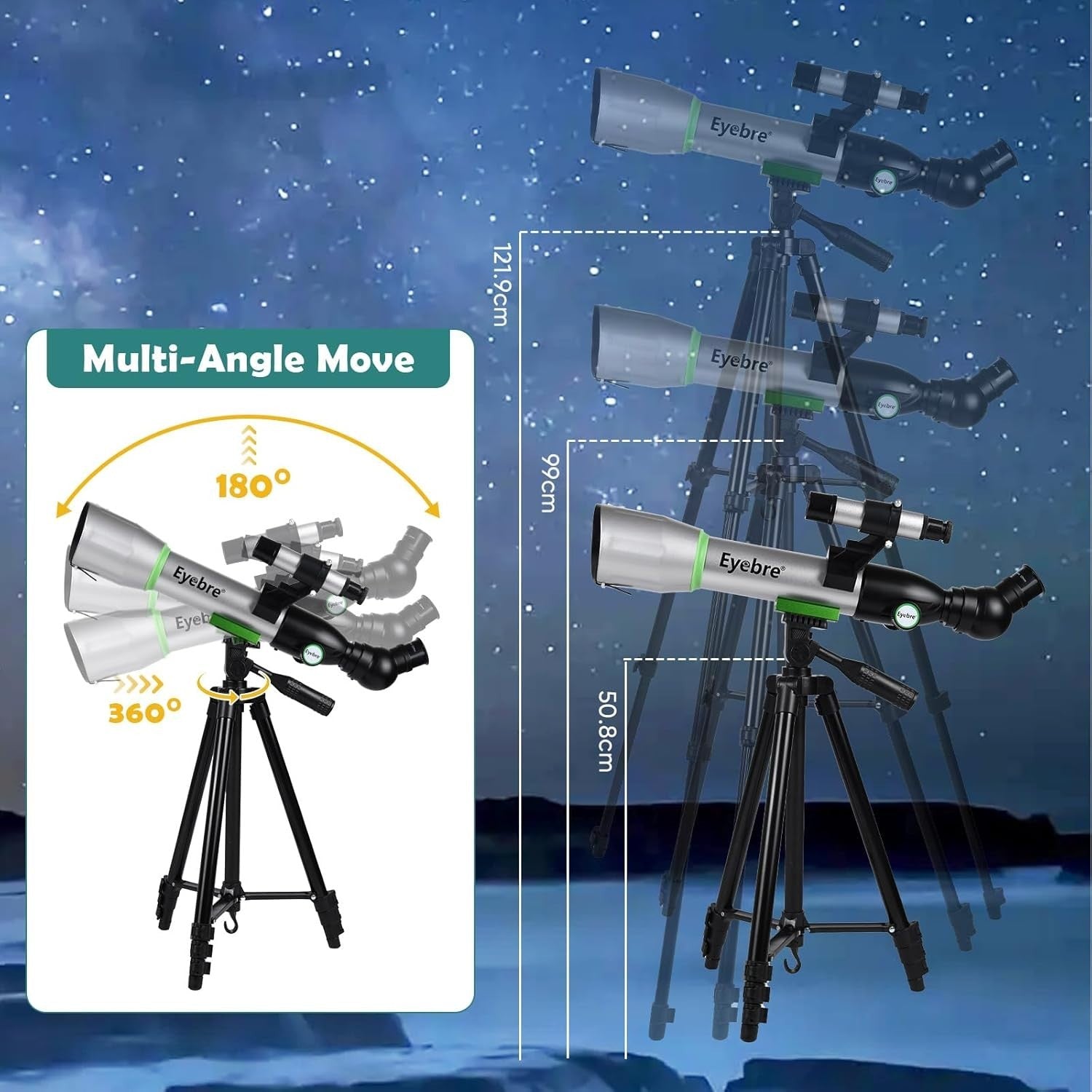 50mm Kids Telescope 20–200X Refractor with Tripod 400mm Portable Silver