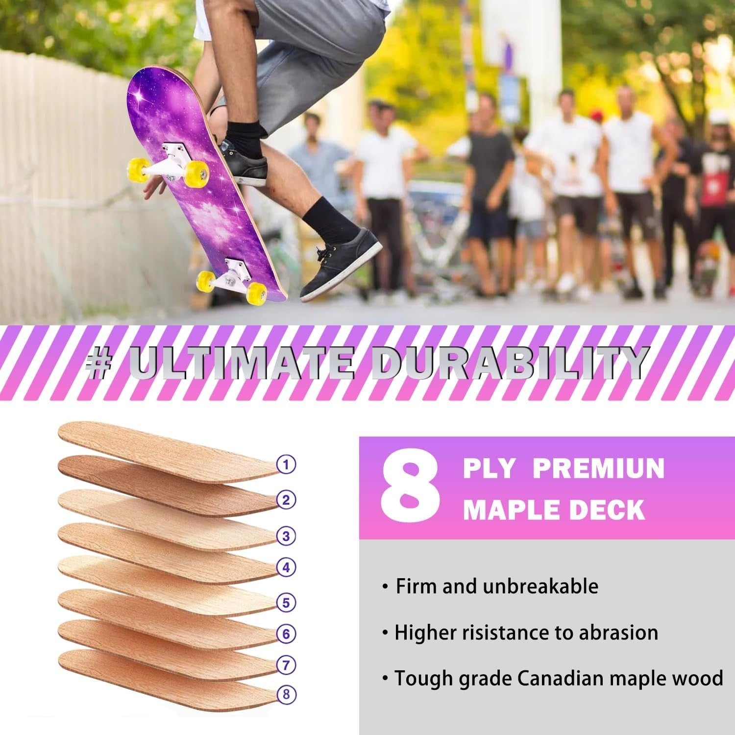 31x8 Complete Maple Skateboard Double Kick Sky Cruiser Kids Teens Adult