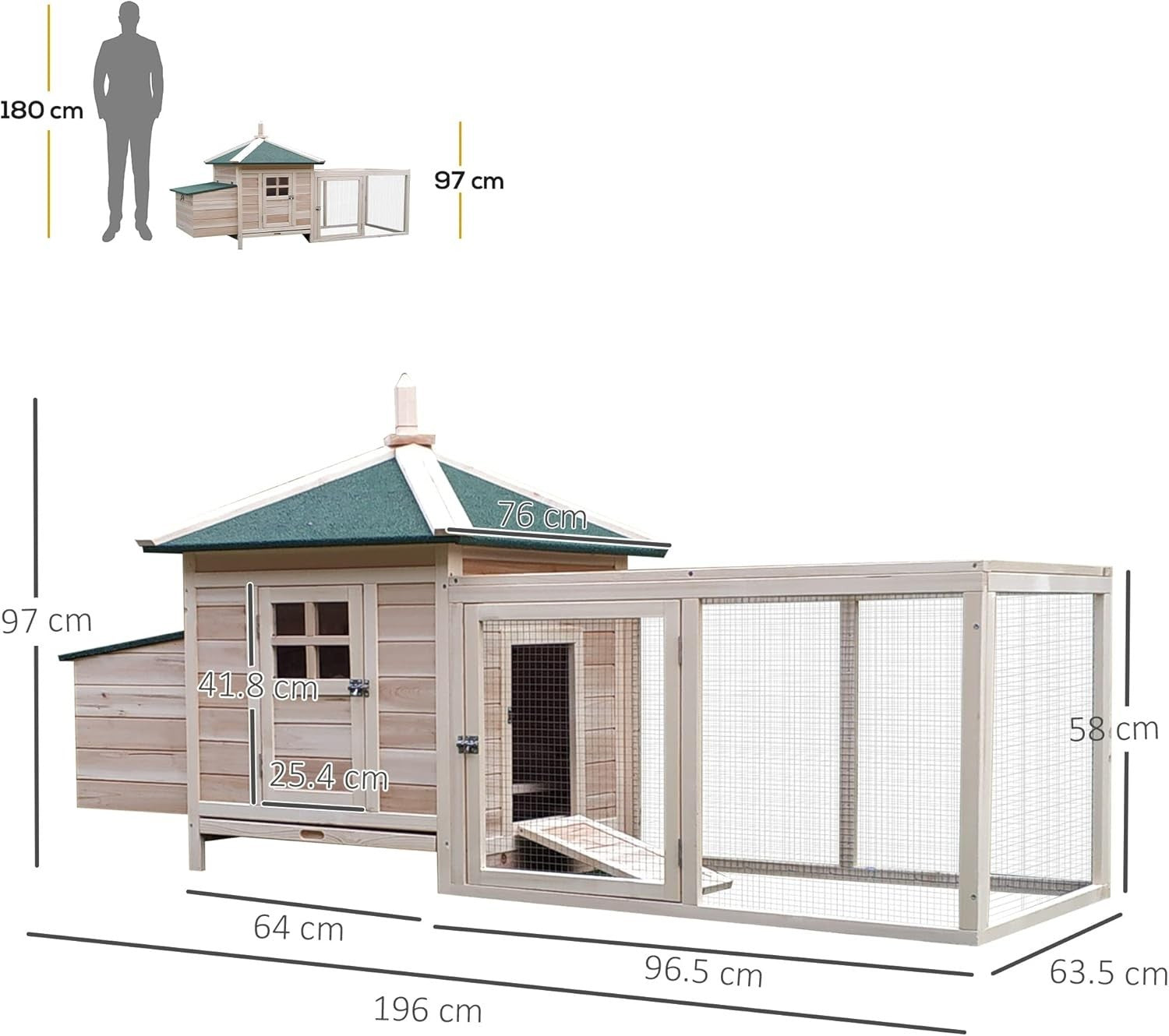 Large Wooden Chicken Coop with Run Nest Box 196cm