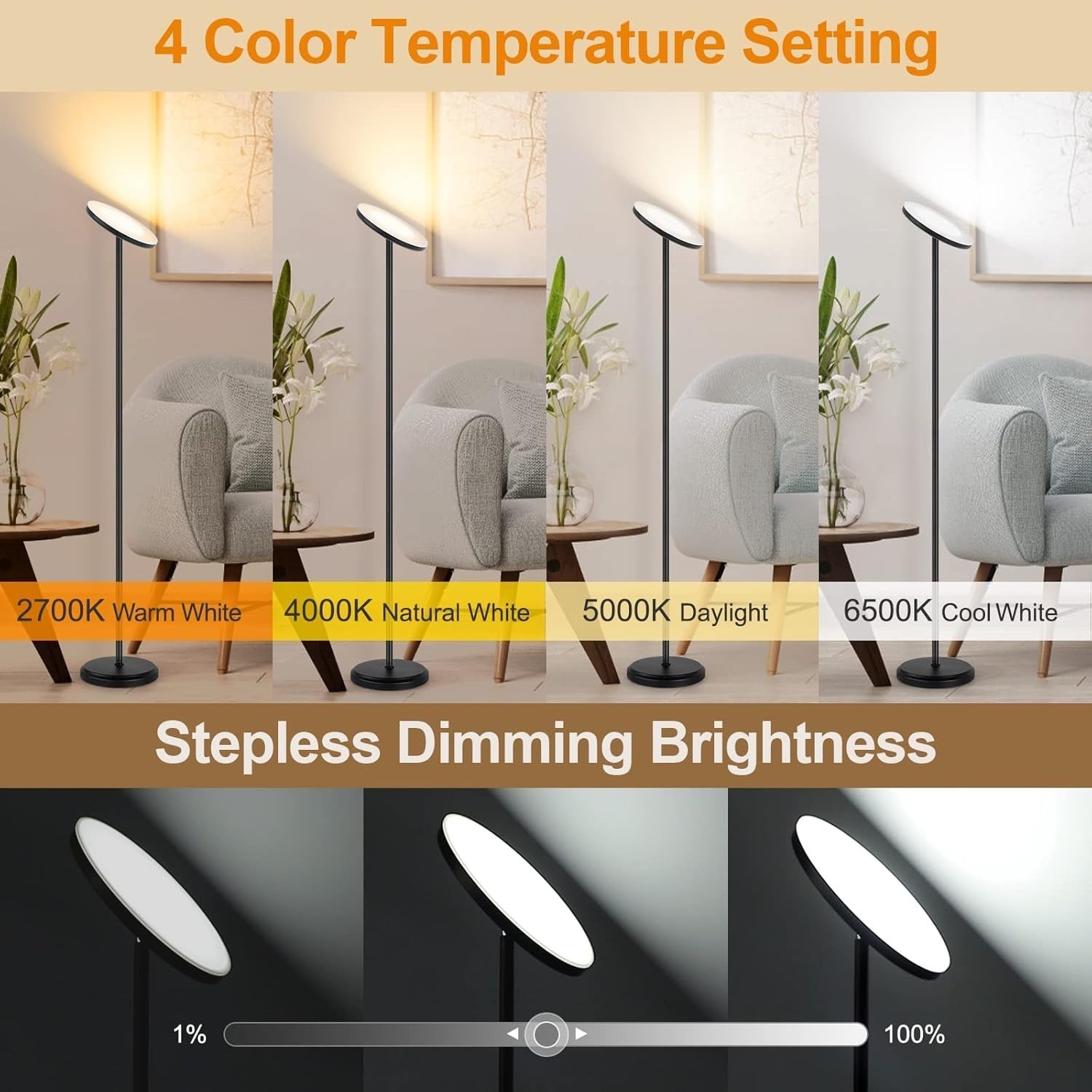 Dimmable Smart LED Floor Lamp with Alexa, WiFi Remote & 4 Color Temps