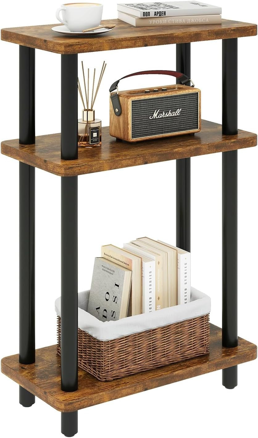 Compact Narrow Side Table with Storage Shelf, Slim, Rustic Brown, No-Tool Assemb