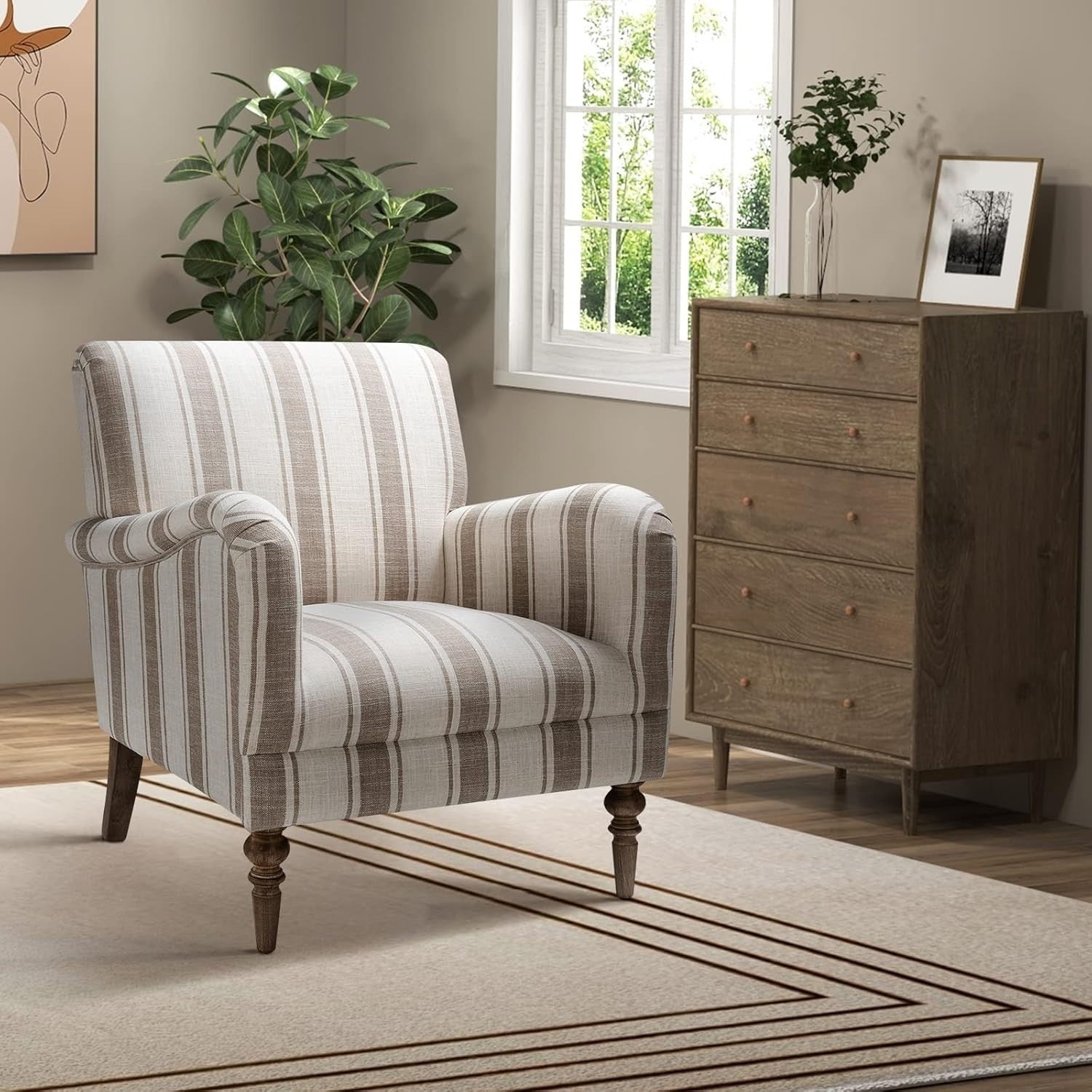 Striped Upholstered Armchair with Wooden Legs for Lounge or Bedroom