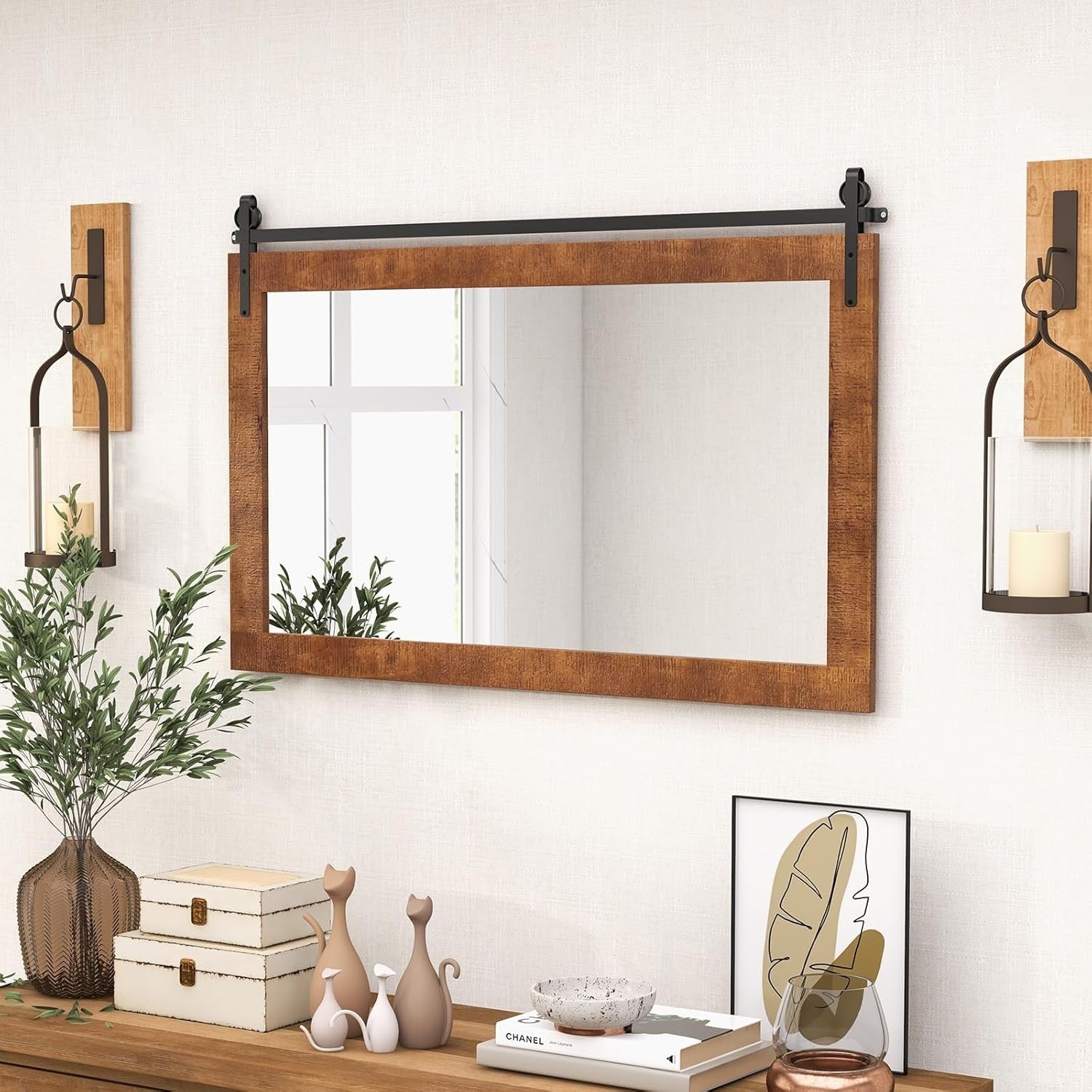 Rustic Barn Door Wall Mirror 101x66cm Wood Frame Farmhouse Vanity Decor