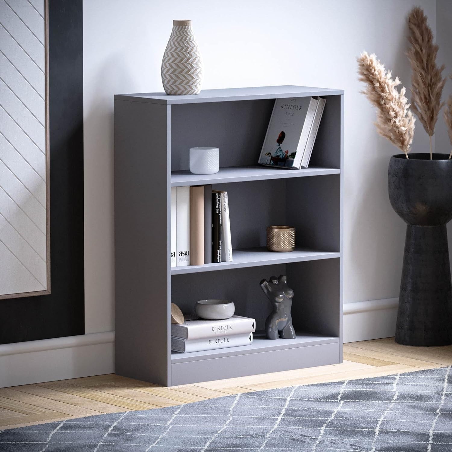 3 Tier Grey Wooden Bookcase Modern Storage Display Shelf for Living Room Low