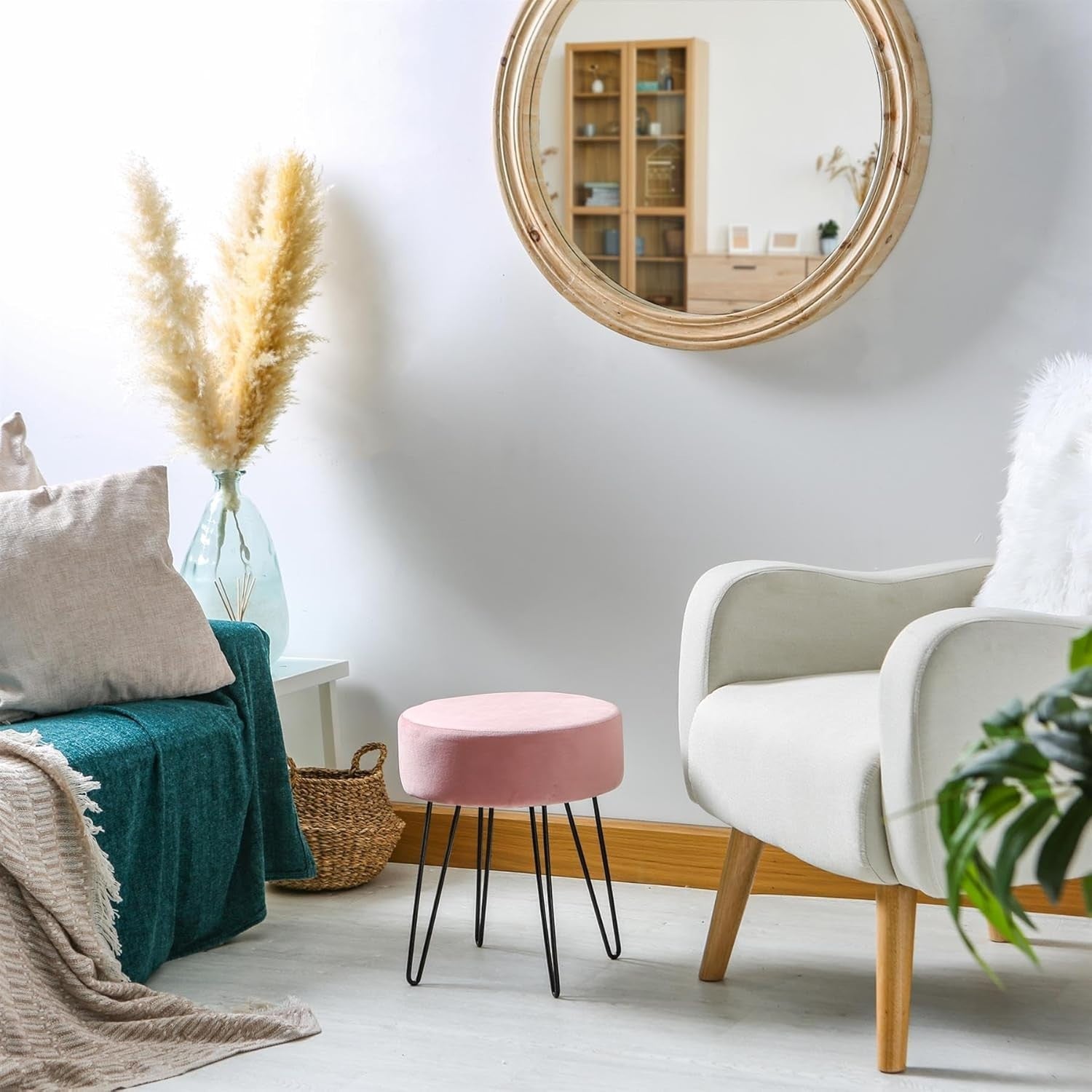 Pink Velvet Round Footstool with Black Metal Legs – Modern Dressing Table Seat