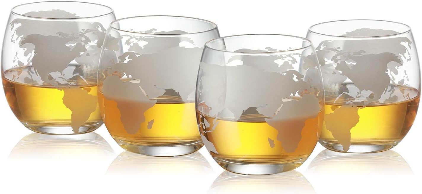Helicopter Whiskey Decanter Set with 4 Glasses & Wood Base Globe Bar Gift