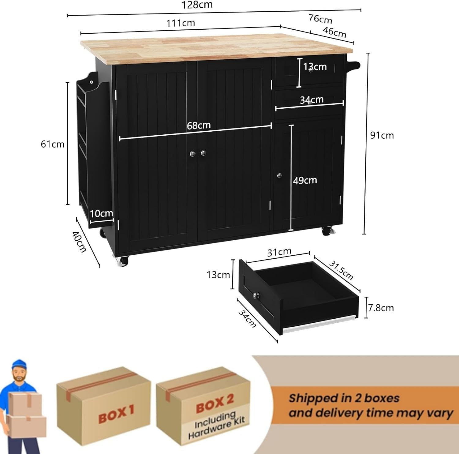 Rolling Kitchen Island Cart Drop Leaf 128cm Rubberwood Top