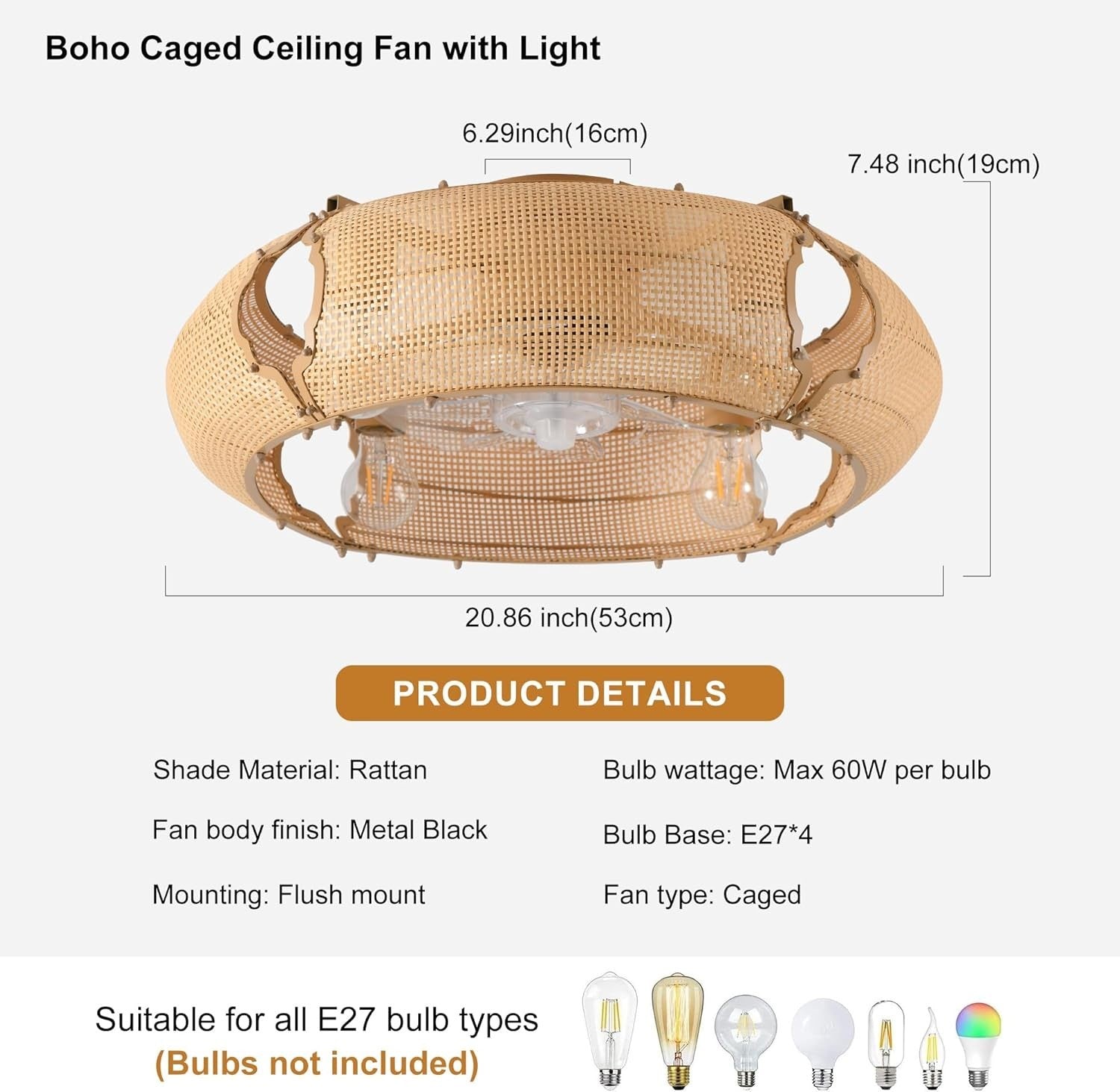 Boho Rattan Ceiling Fan Light 53CM, 6-Speed, APP, Remote, E27