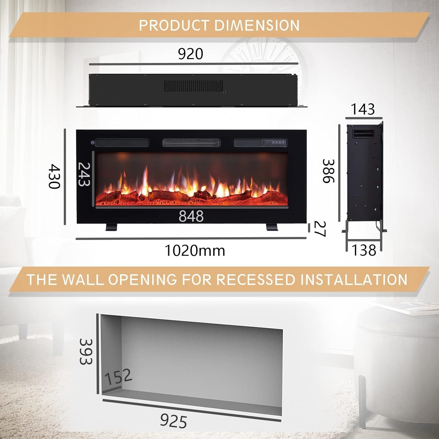 Wall-Mounted 40" Electric Fireplace Heater with 9 Flame Colors & Remote