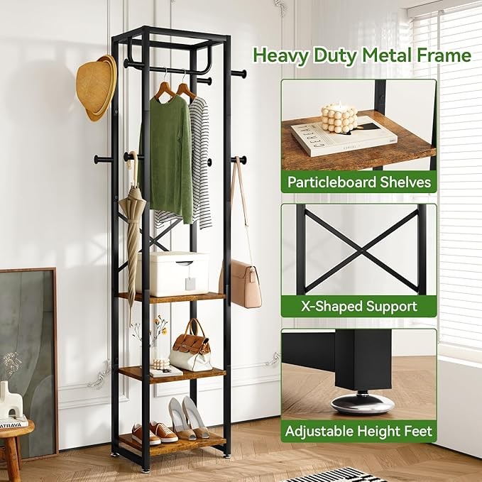 Freestanding Coat Rack with Shelves & Hooks | Industrial Entryway Organizer