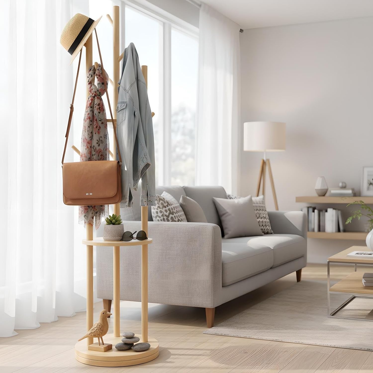 Wooden Coat Rack Stand with 8 Hooks & 3 Shelves | Freestanding Hall Tree