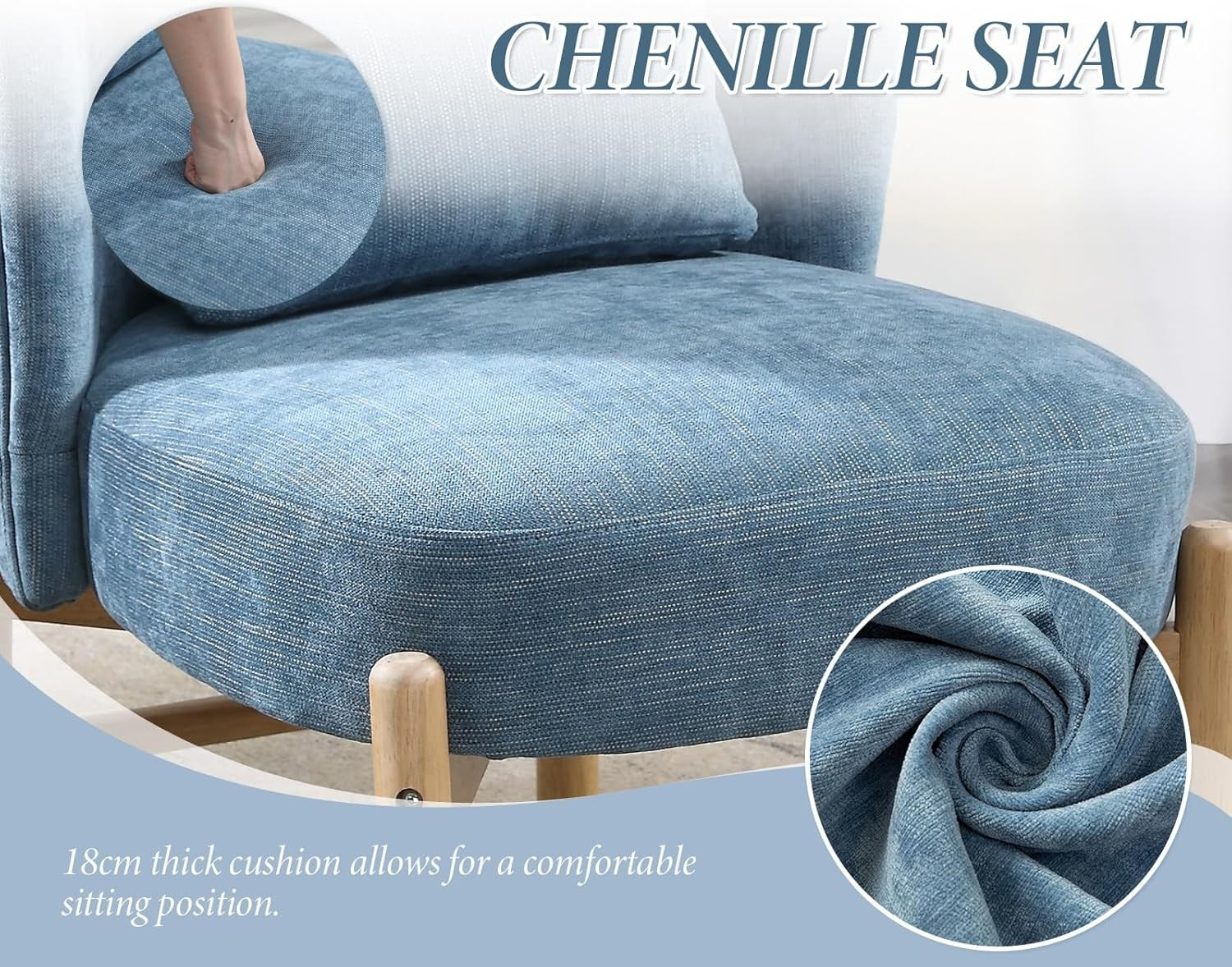 Blue Chenille Accent Chair Armless Tub Chair with Pillow & Wood Legs