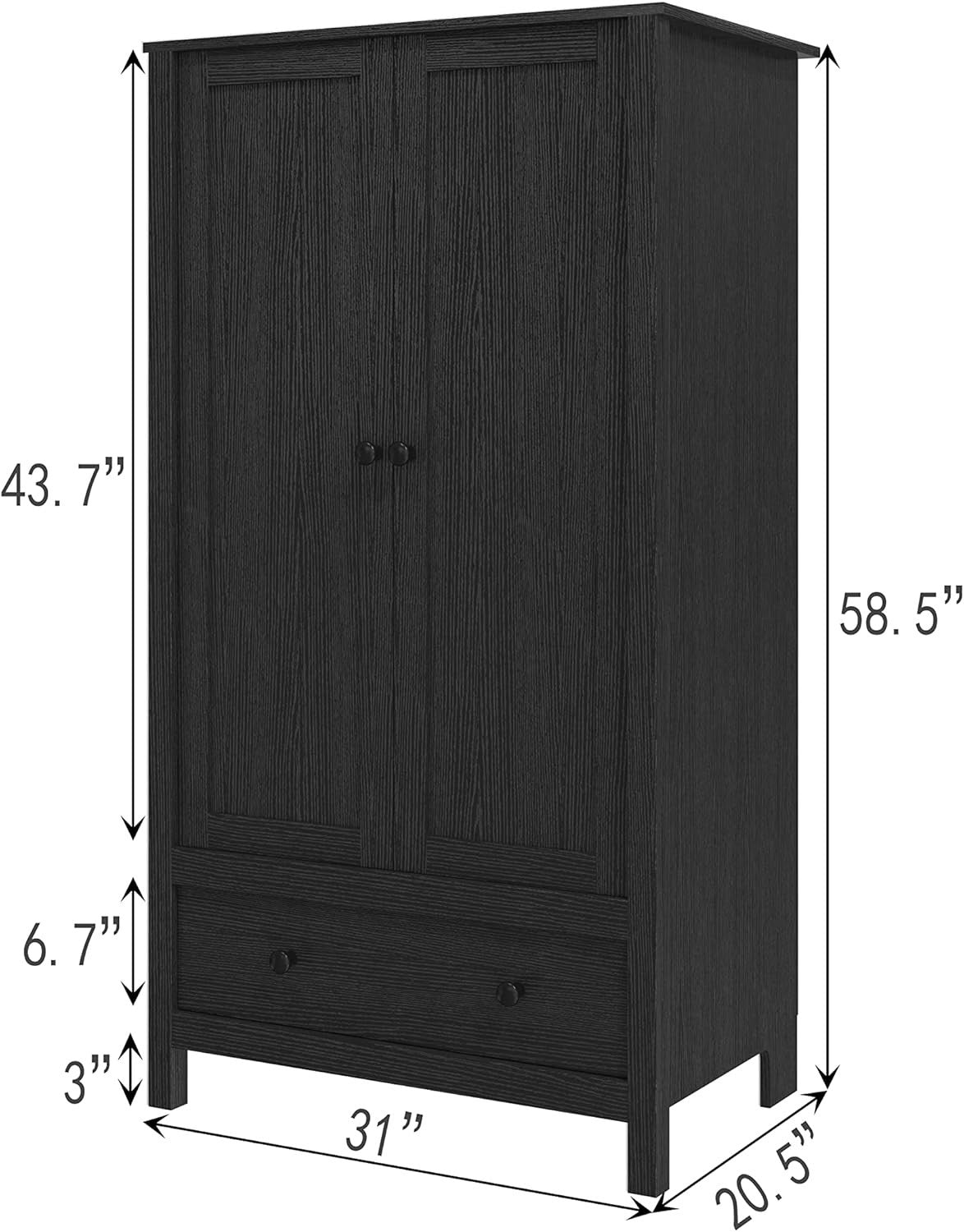 2 Door Wardrobe with Drawer & Storage Shelf – Modern Black Engineered Wood