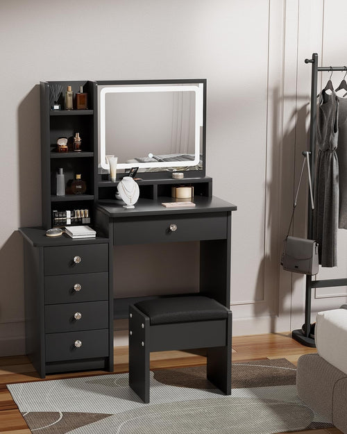 Black Vanity Table LED Mirror 5 Drawers Makeup Desk Dressing Table Stool Set
