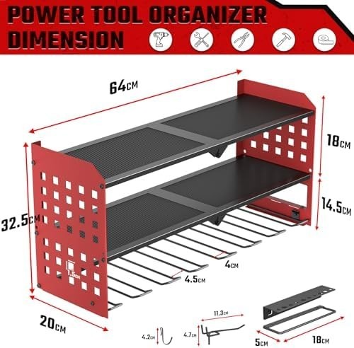 Wall Mounted Power Tool Organizer 3 Tier 7 Drill Rack Red