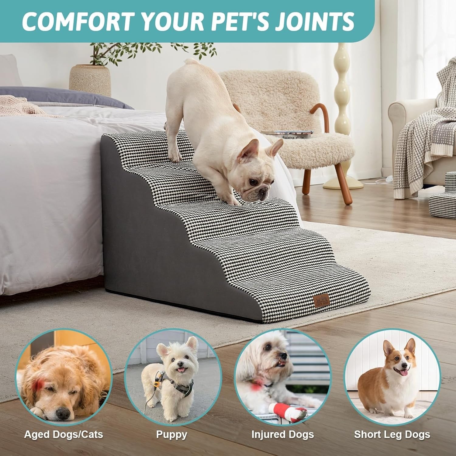 5‑Tier Wide Foam Dog & Cat Stairs 19.7×33×22.4 in – Leakproof Ramp Steps