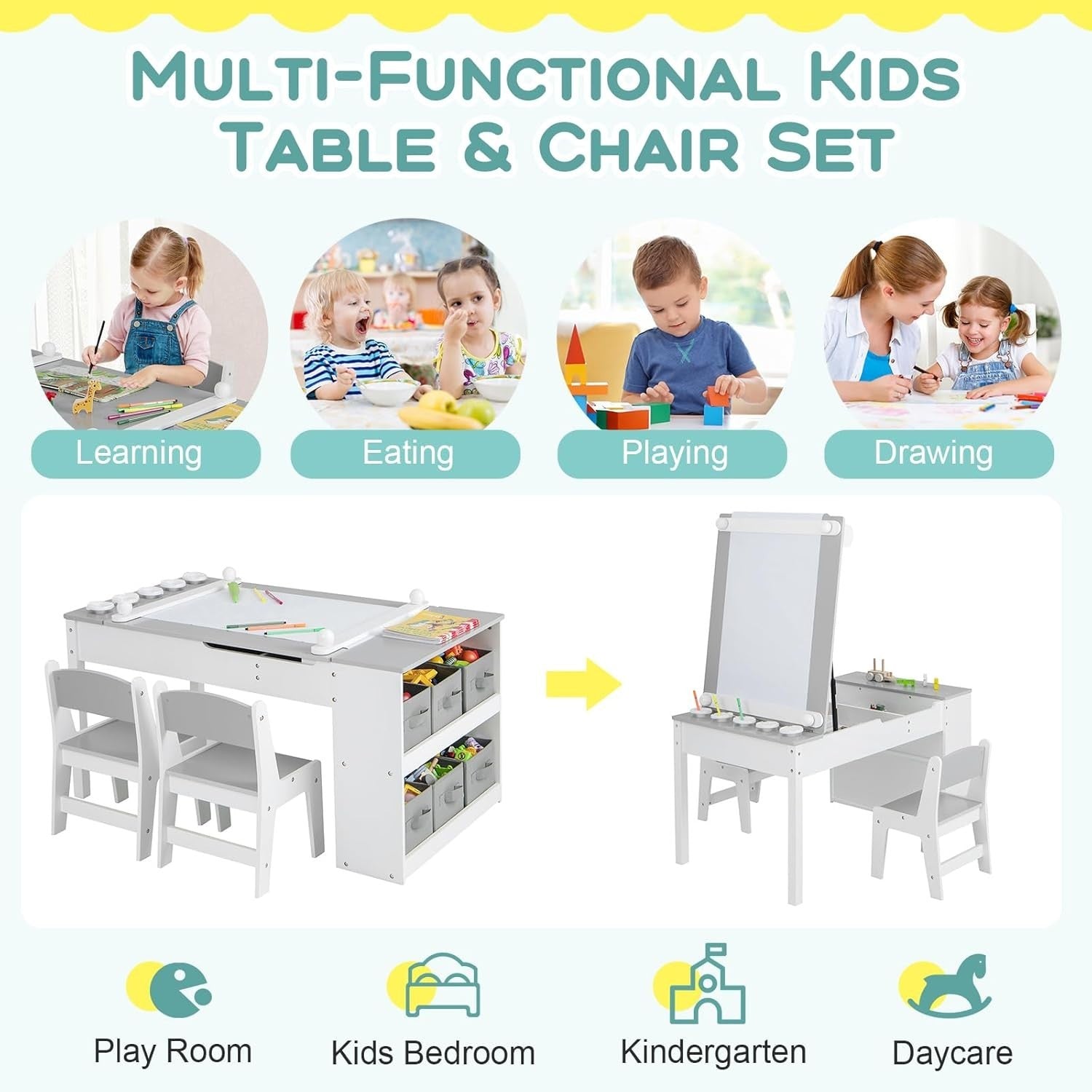 Kids Art Table & Chair Set Easel Desk w/ Storage Bins & Paint Cups