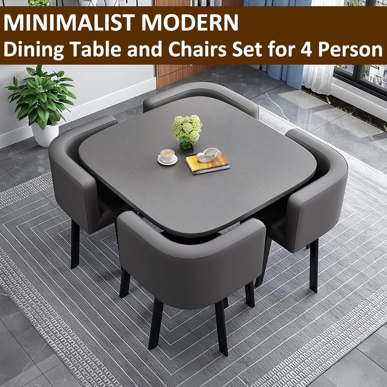 Modern Round Dining Table Set Grey Chairs, Space Saving Faux Leather Seating