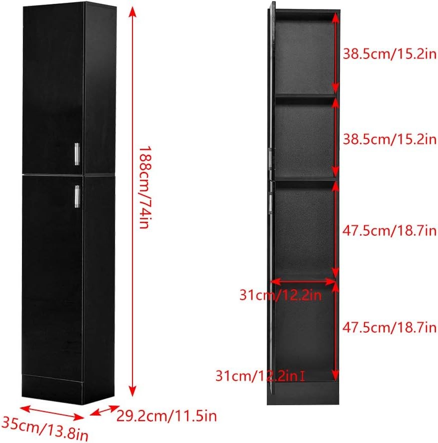 Black Tall Slim Cupboard High Gloss Storage Cabinet 2 Door 4 Shelf Unit