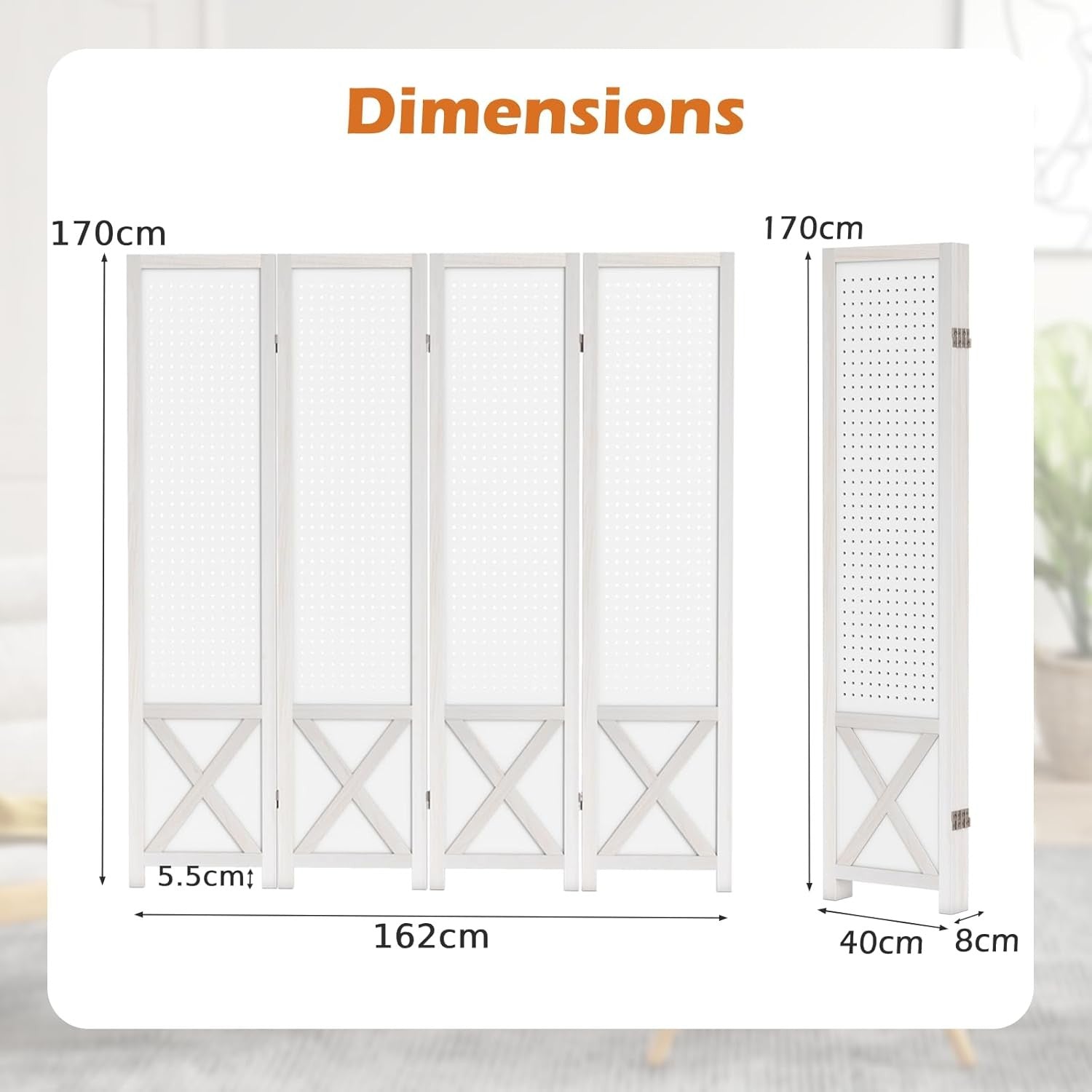 4 Panel White Wooden Folding Room Divider with Pegboard Display 162x170cm