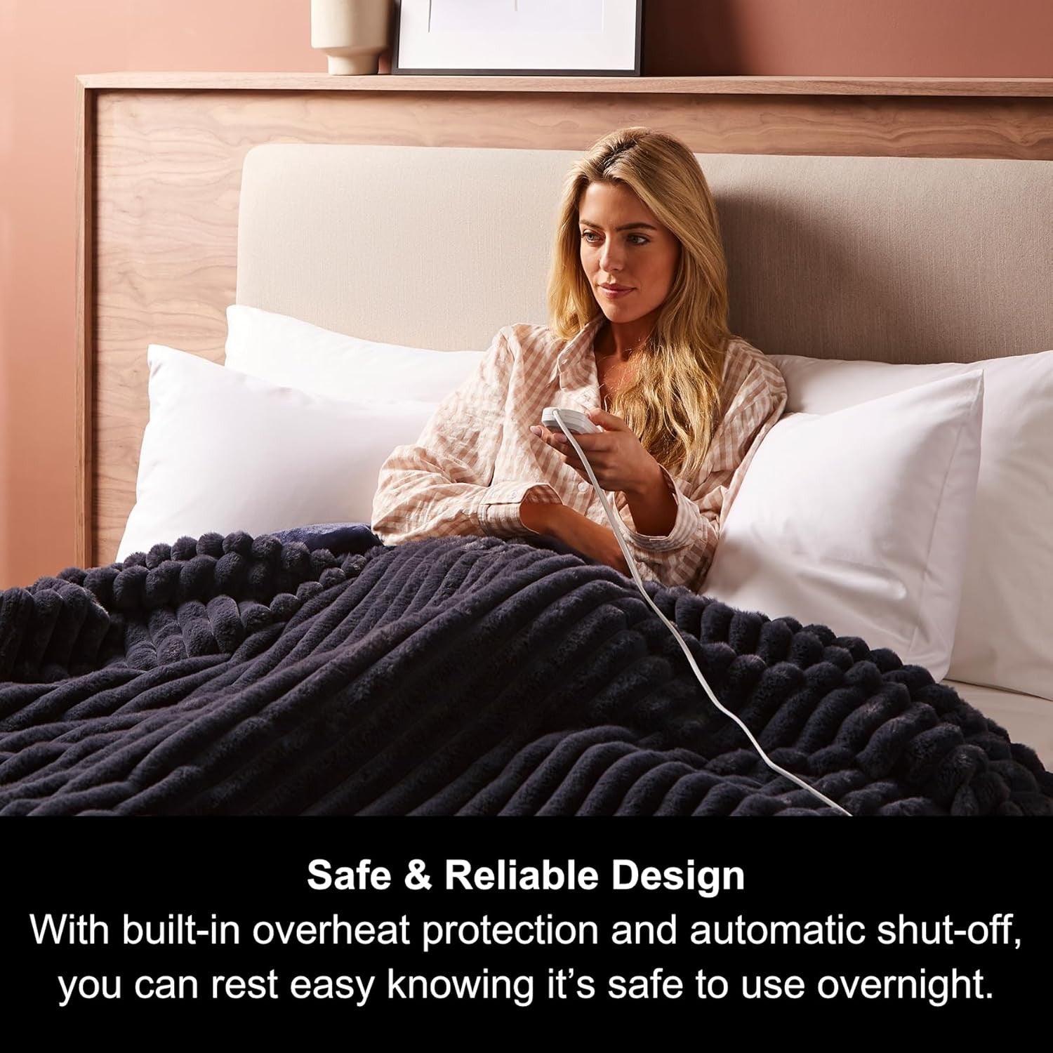 Electric Heated Throw Navy Blanket 160x130cm Teddy Fleece 9 Heat Washable