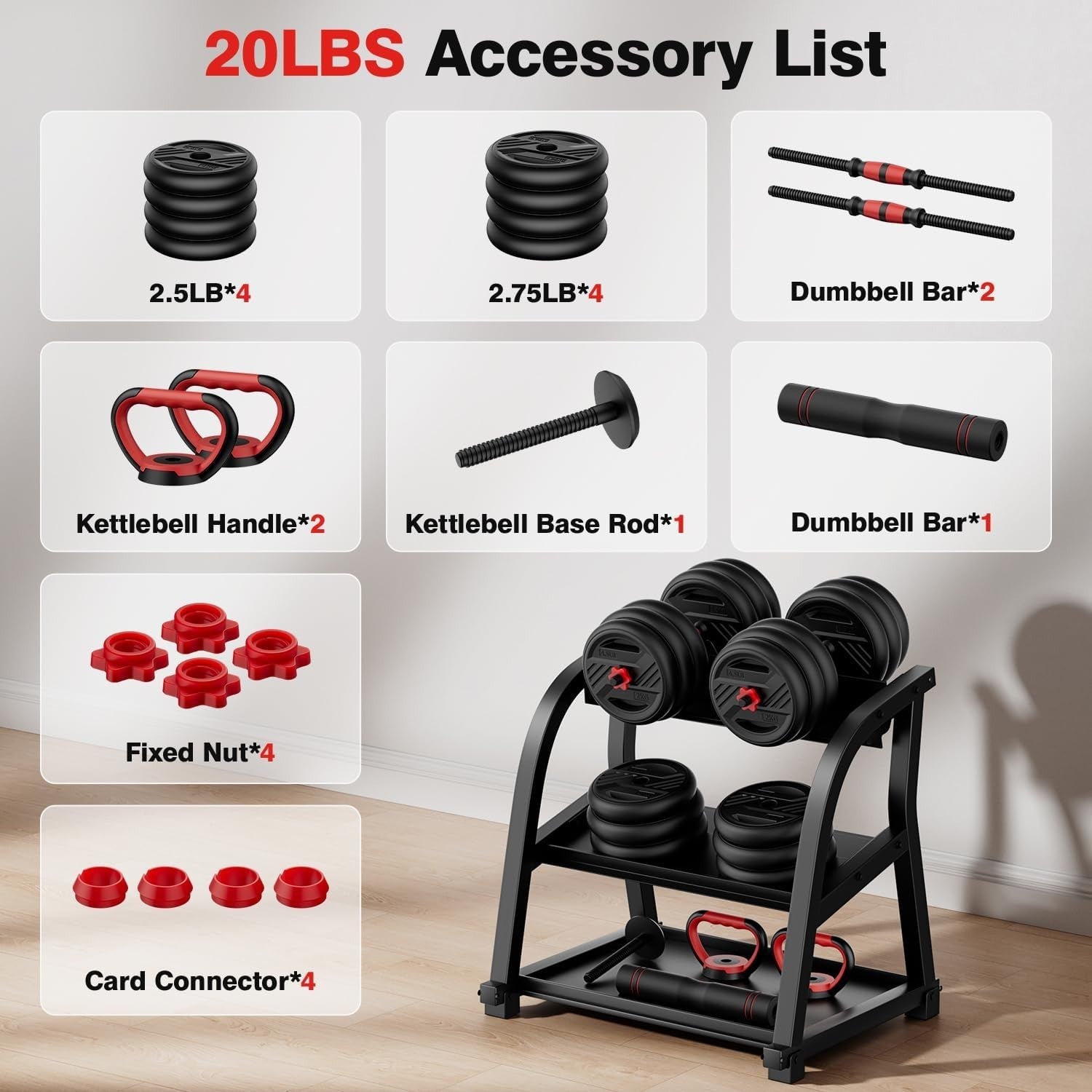 Adjustable Dumbbell Set 20lb 5 in 1 Free Weights Home Gym
