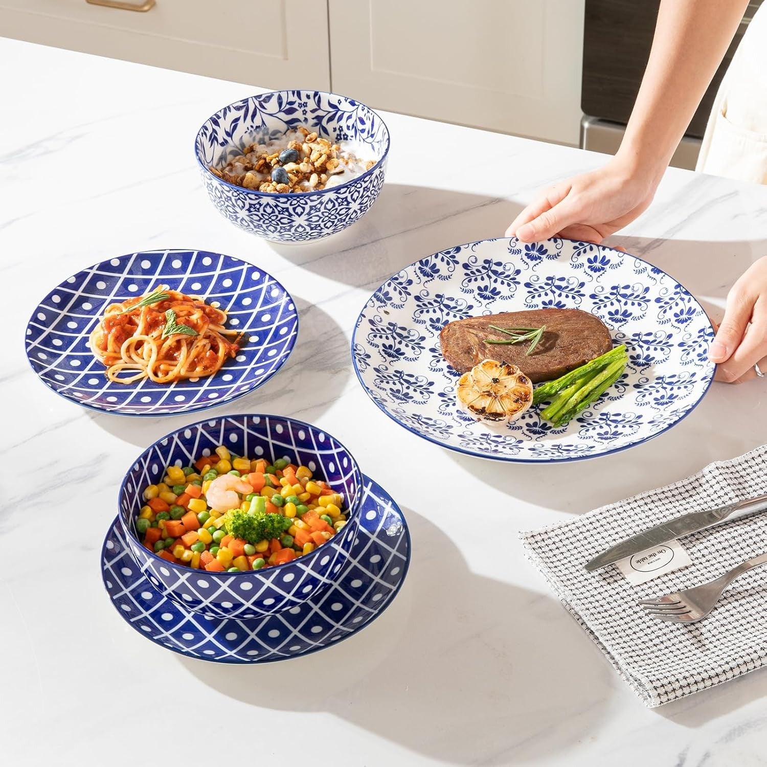 12pc Porcelain Dinnerware Set Blue White Plates Bowls Modern Dishwasher Safe